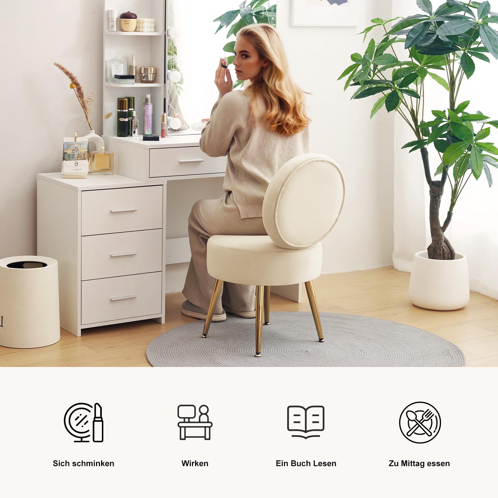 Schminkstuhl Schminktisch Stuhl, Sessel Wohnzimmer mit Rückenlehne & Verstellbaren Goldbeinen, Schreibtischstuhl Esszimmerstuhl Samt für Schlafzimmer Wohnzimmer Kinderzimmer Homeoffice, Beige