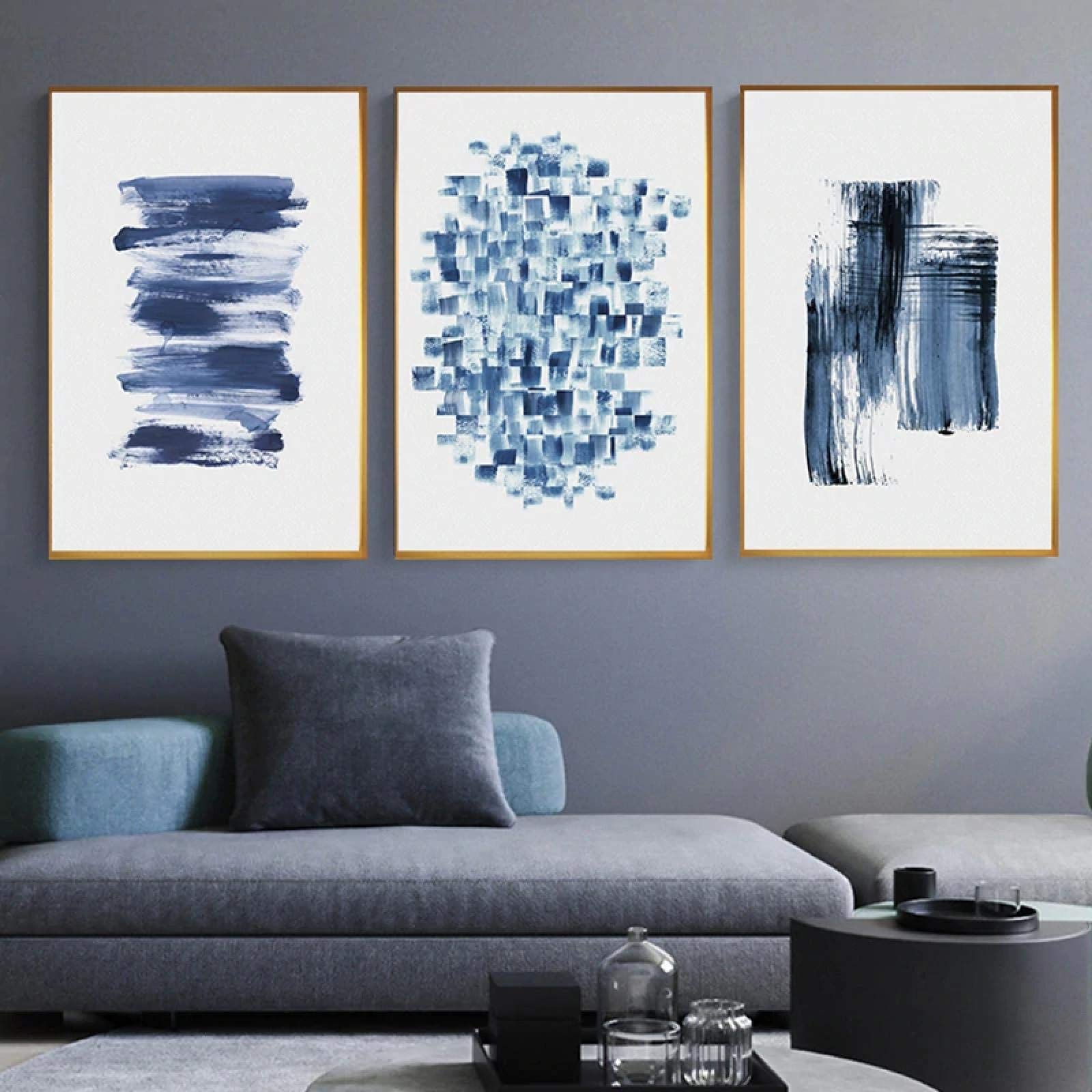 GLWDME Minimalist Abstract Dark Blue Navy Blue Pictures Nordic Wall Art Printed Canvas Posters Modern Home Decoration Framed, 3 Pieces
