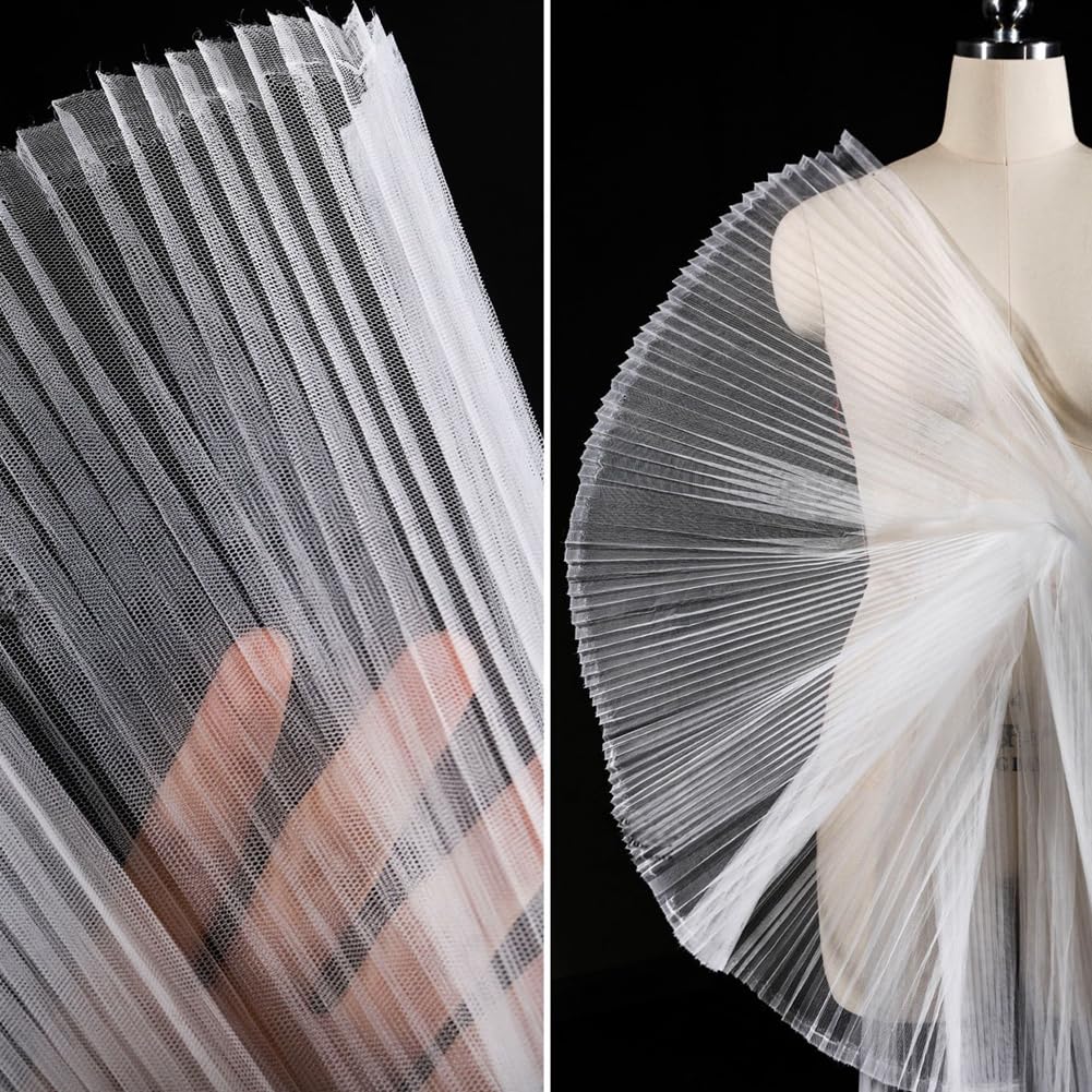 Weiß Plissee Tüllstoff 150cm Breite Plissierter Stoff Starre Tüllstoff DIY Organza Stoff Transparent Plissee Stoff Meterware Dekostoff Hochzeit Gerüschter Plissierter Stoff für Nähen 5m