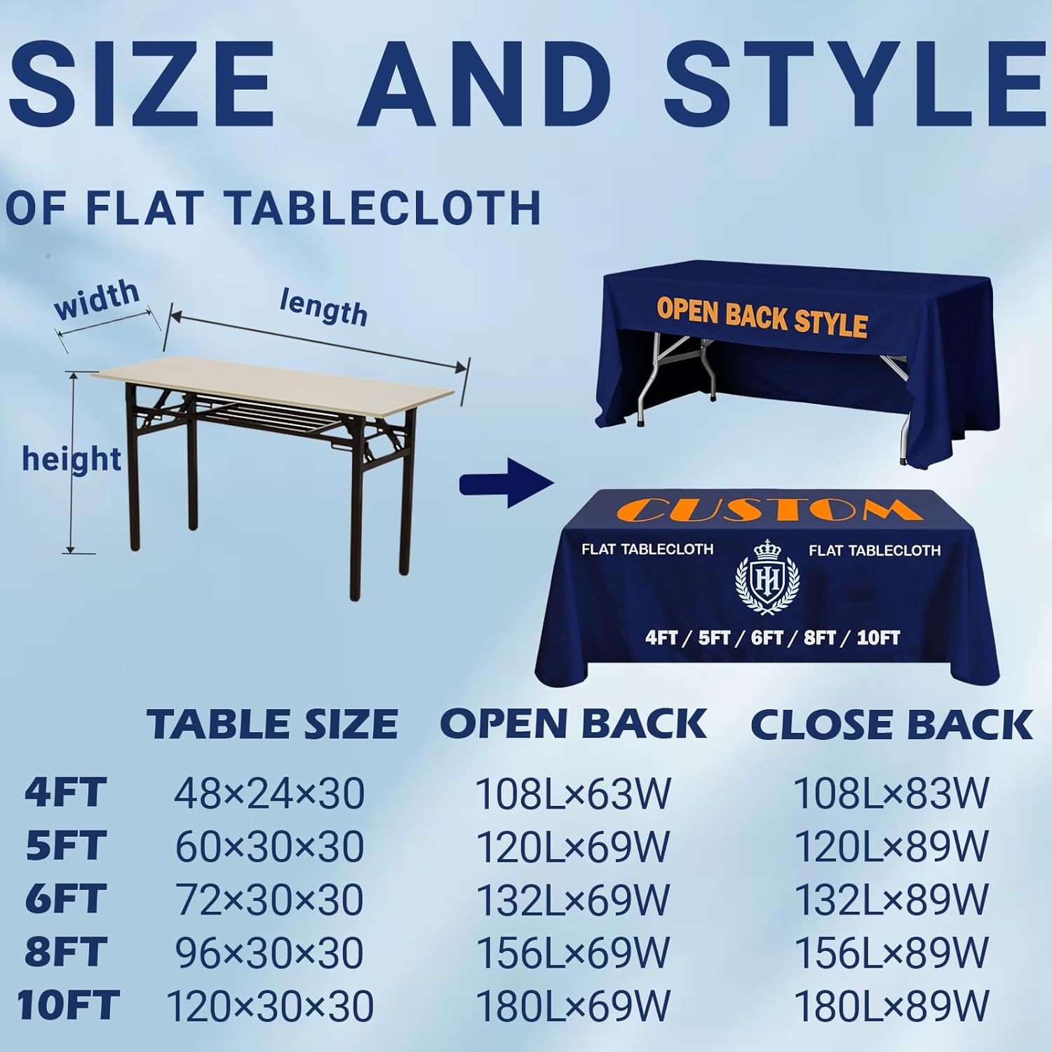Customized Table Cloth with Logo Image Personalized Tablecloth for Trade Shows, Companies, Schools, Associations, Churches, Welfare Organizations other Events (Flat Tablecloth, 4FT Open Back)
