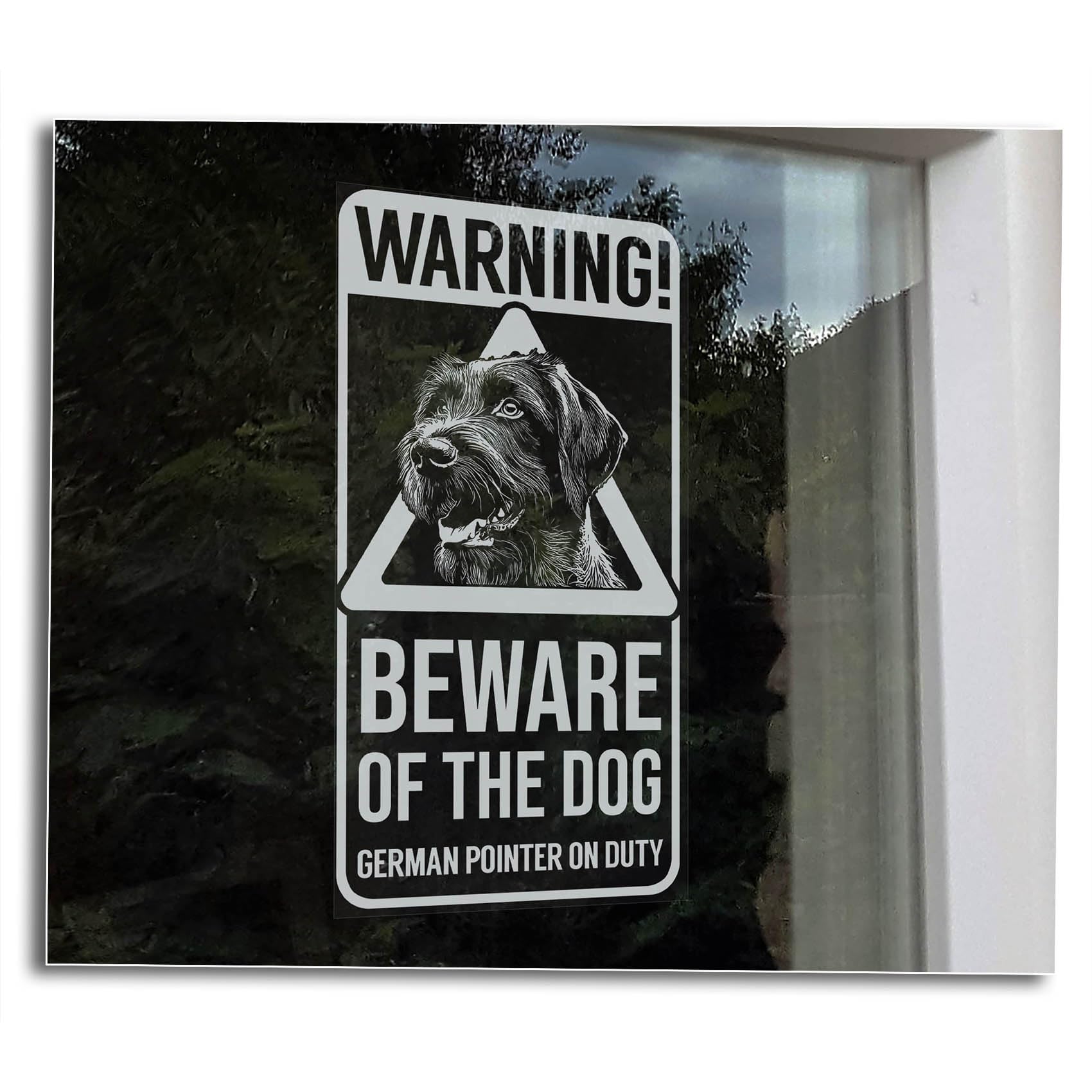 Warning: Beware of the Dog Sticker, German Wirehaired Pointer Home Security Window Sign, Deutsch Drahthaar Gift -V30 (Inside - White Reverse Print)