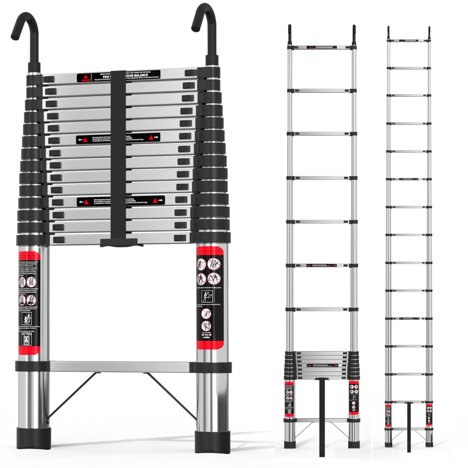 4.4M Telescopic Extendable Ladder 14.5ft Stainless Steel Telescopicing Ladder EN131 Standard with Detachable Roof Hooks, More Sturdy and Durable than Others