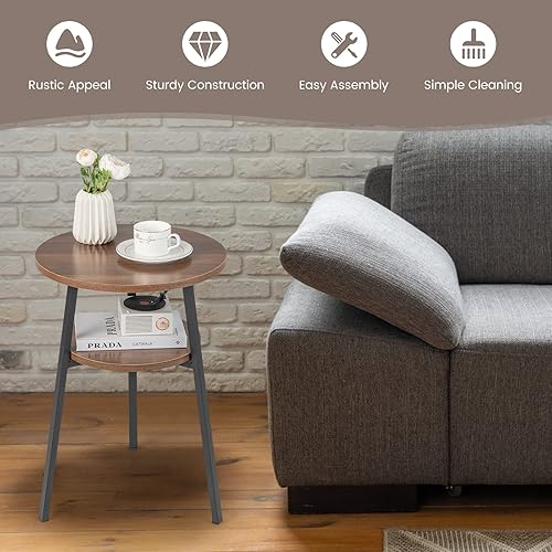 Miniatura 9 de Giantex Juego de 2 mesas auxiliares redondas, mesa de noche retro con estante de almacenamiento abierto y marco de metal triangular resistente, mesa