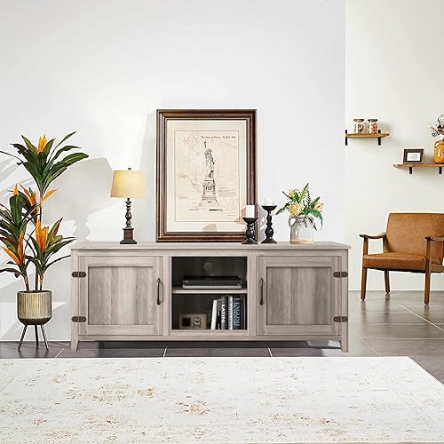 Miniatura 4 de WESOME Soporte de TV para televisores de 50556065707580, consola multimedia de madera con puerta de granero grande con estantes ajustables, mueble