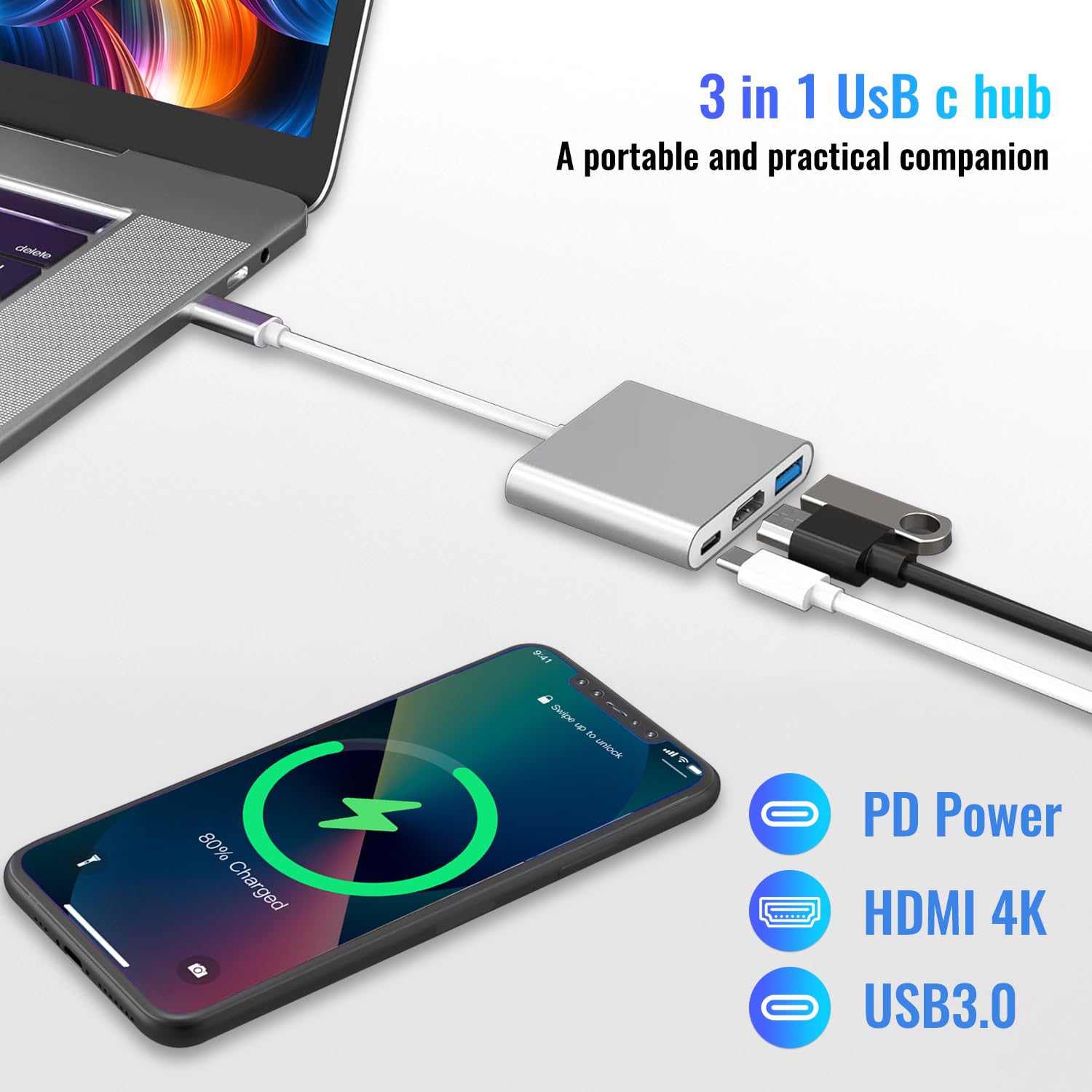DAILINK 3-IN-1 Adattatore USB C HDMI, Light-Ning to HDMI Cavo HDMI per TV Adattatore, Adattatore USB C a HDMI, Multiporta Digitale AV con 4K HDMI, USB-A 3.0, 3in1 Plug and Play HDMI USB C