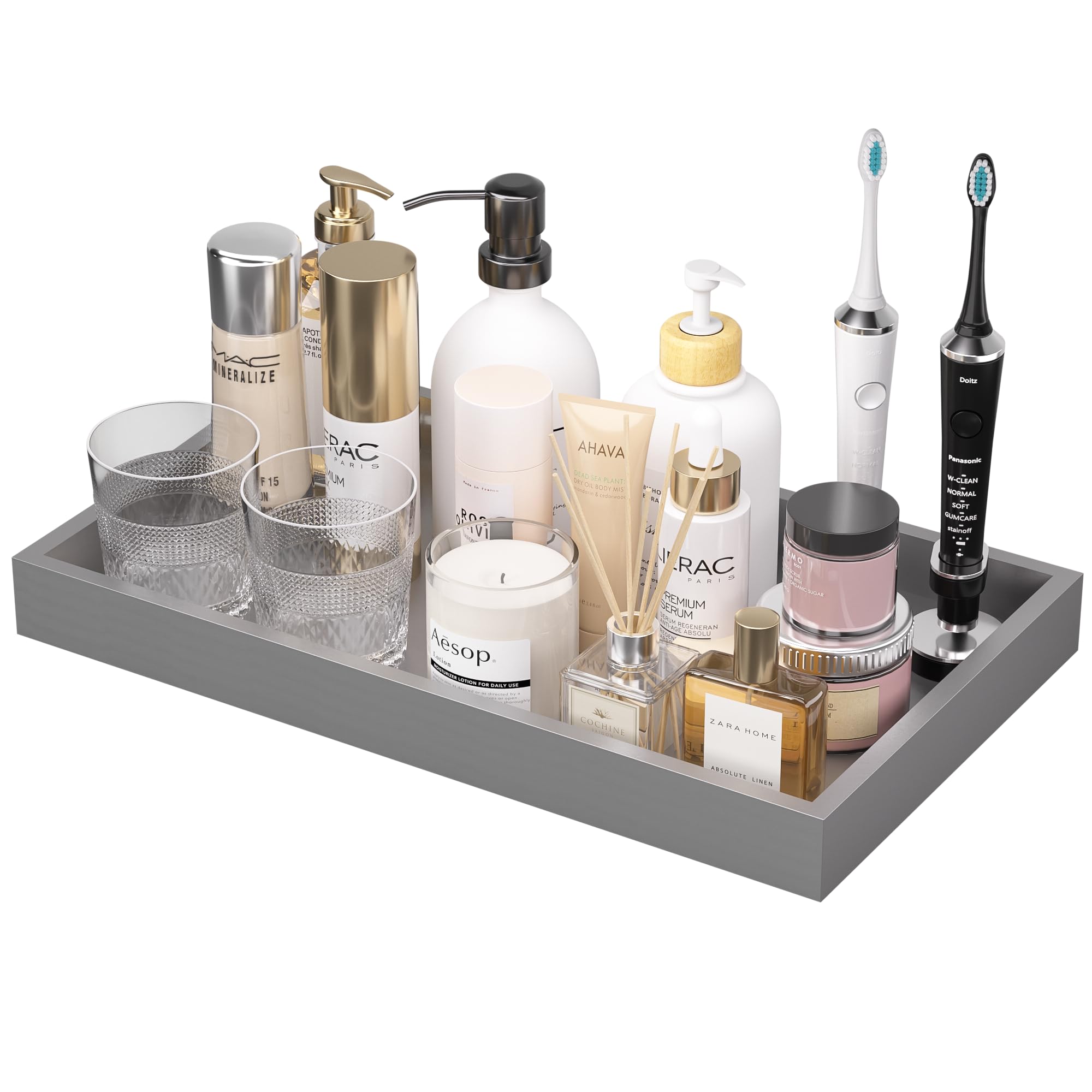 ZHWS Bathroom Vanity Tray for Countertop Perfume Makeup Jewelry Candle Decor, Kitchen Tray for Soap Dispenser Spice Salt, Large Tray for Toilet Tank Paper, Serving Nightstand Silver 13”x6.5”