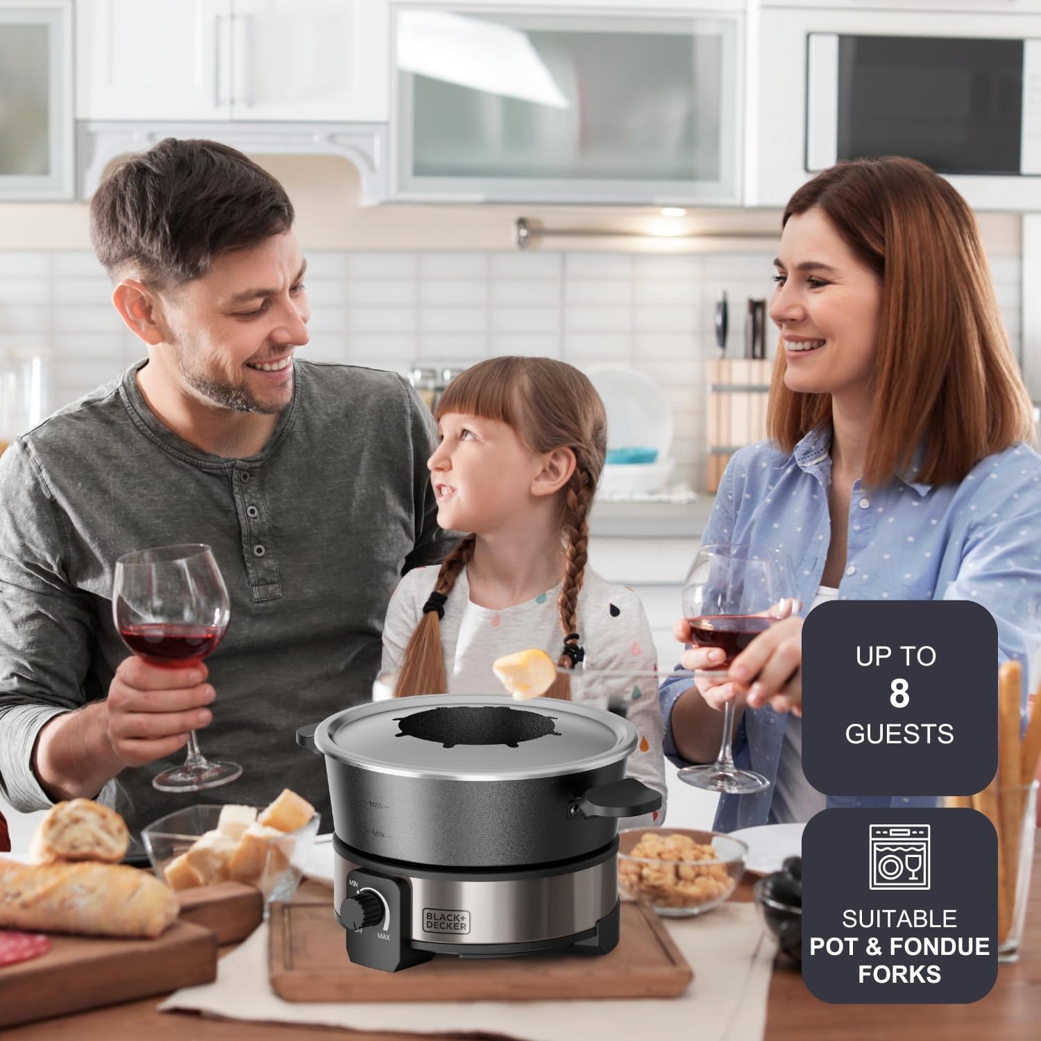 BLACK+DECKER - Fonduegerät 1000 W | 2 L | Temperaturregler bis 200°C | Schokolade, Käse, Brühe & Öl | Antihaft ohne PFOA | 8 Fonduegabeln | Kühler Griff | Spülmaschinenfest