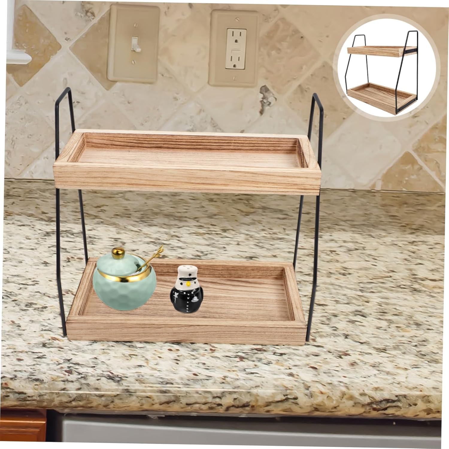 Double Wooden and Iron Storage Rack for Kitchen and Bathroom Countertop Organizer Versatile Desktop Shelf for Spice Jars and Condiments Non Deforming Design