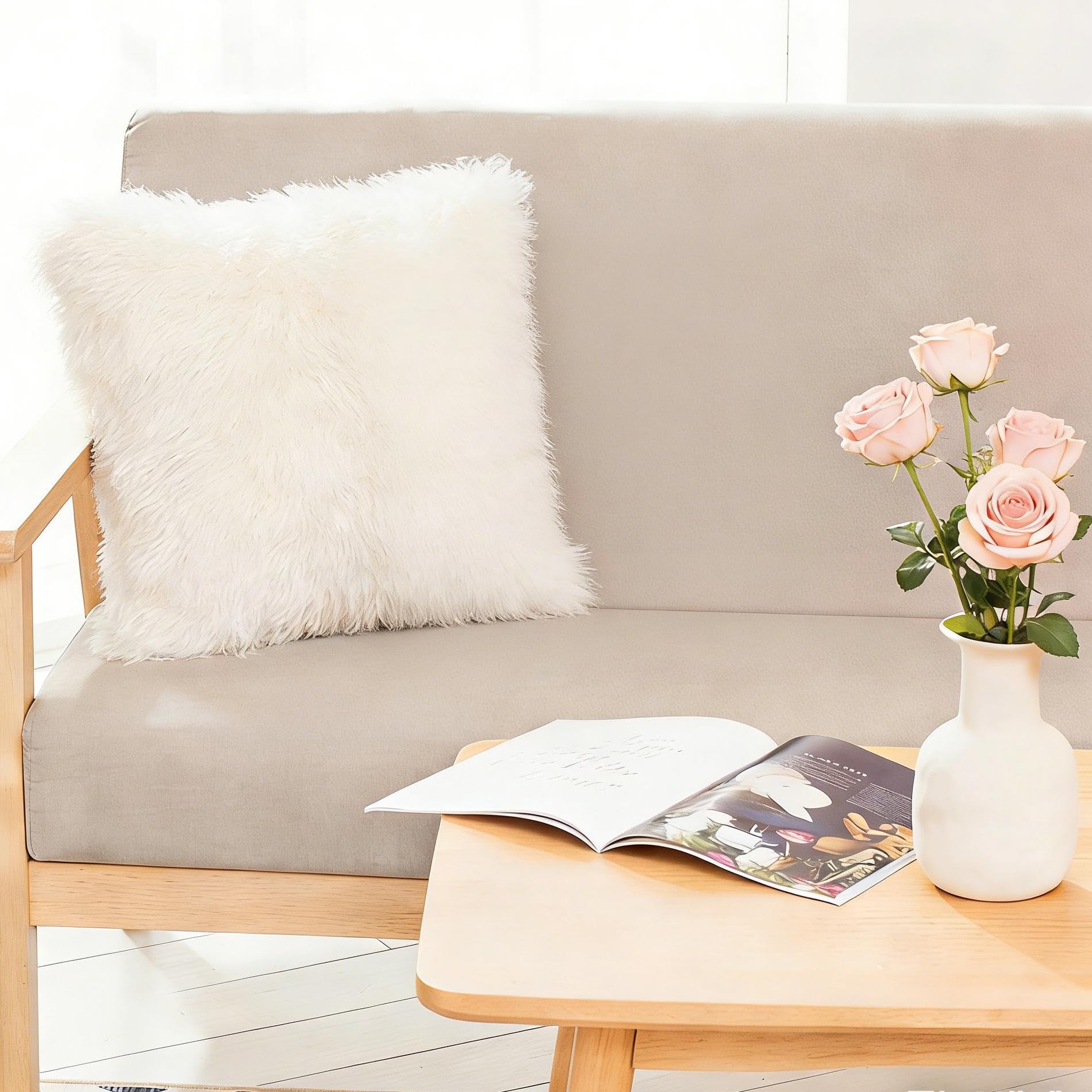 CROS 60 Pack Soft Faux Fur Pillow Covers, Plush Shaggy Decorative Throw Pillowcases, Cozy Luxury Cushion Covers for Sofa, Bedroom, Living Room, White, 18x18 Inches