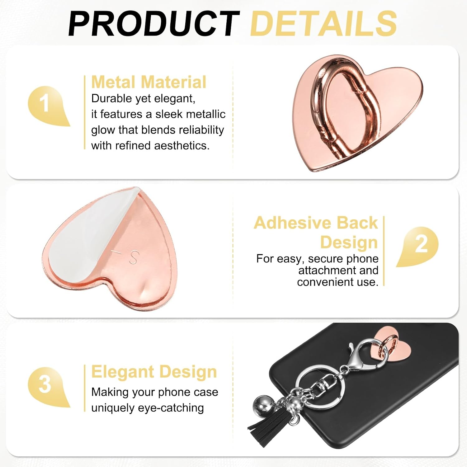 PATIKIL Metal Phone Charm Hook 1", 12Pcs Adhesive Heart Shaped Phone Finger Grip Hook Smartphones Keychain Ring Charm Loop for DIY Tablet Case Accessories, Rose Gold