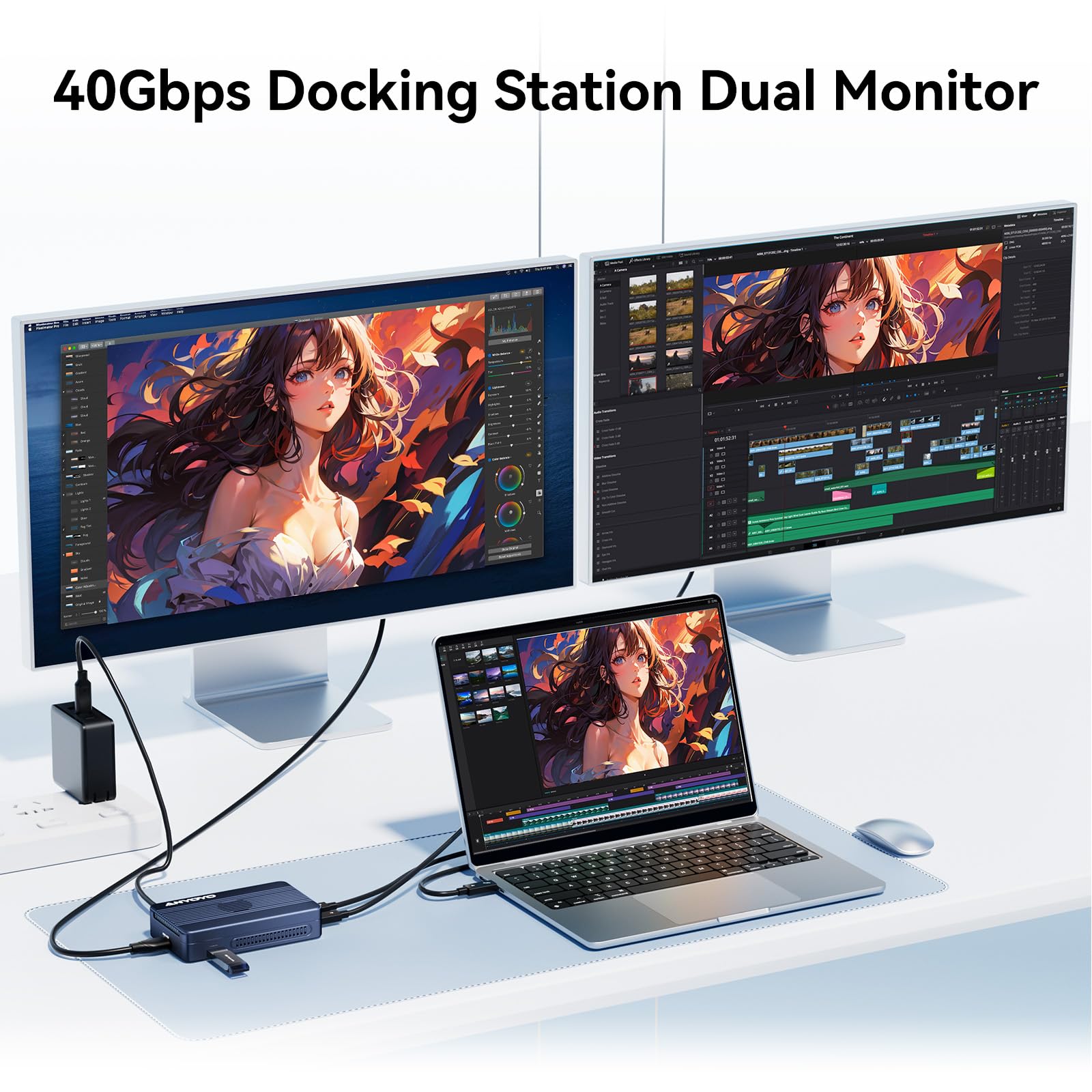 Dual-Bay 40 Gb/s Obudowa do dysku M.2 NVMe SSD z wentylatorem, 2 x USB C 40 Gb/s, kompatybilna z Thunderbolt 4/3, USB 4.0, oprogramowanie RAID do MacBooka/Mac Mini Dock, M1/M2/Windows (TBU405Pro MAX)