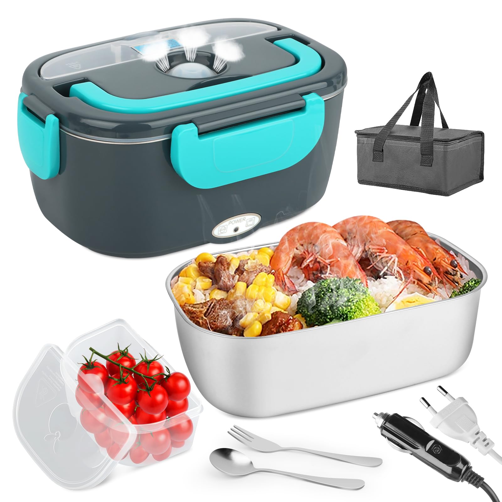 VMUTGA Scaldavivande Elettrico Portatile 60W 1,5L Porta Pranzo Riscaldabile 12V/24V/220V~240V Lunch Box Termico per Auto Camion e Ufficio