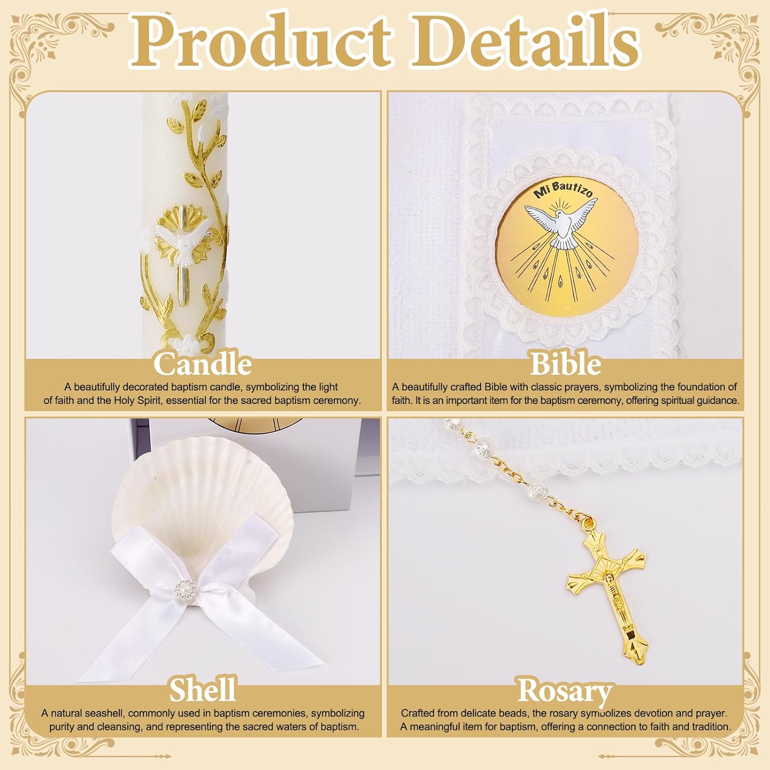 5 PCS Baptism Candle Set for Boys and Girls,Baptism Kit Catholic Candle,Shell,Towel,Rosary andBible for Baby Dedication Christening Gift,Velas para Primera Comunión De Niño Bautizo De Niña