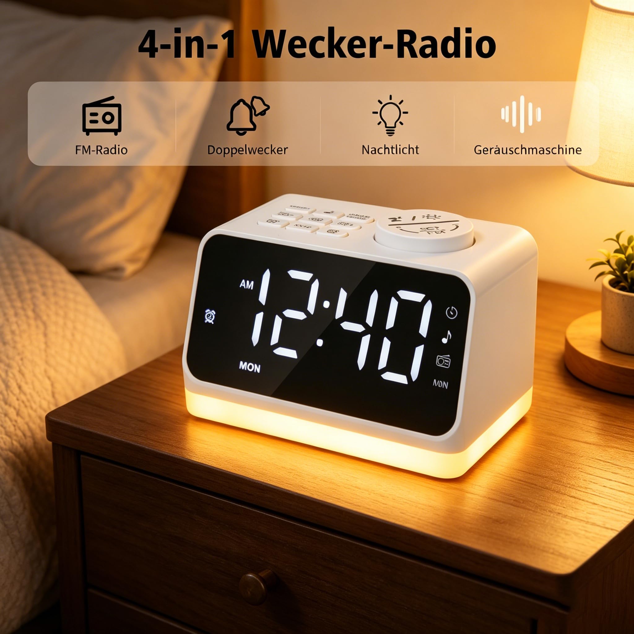 Radio-réveil numérique pour chambre à coucher - Veilleuse 8 couleurs (0 à 100 % à intensité variable), double alarme avec 7 sons d'alarme, minuterie de sommeil flexible (10 à 480 min), 2 ports de