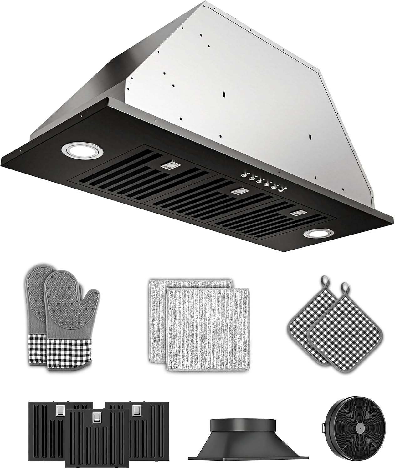 36 inch Built in/Insert Range Hood 900 CFM, Stainless Steel - Black | Button Control, 4-Speed Fan, Ducted/Ductless Convertible, LED Lights, Dishwasher Safe Filters, Black-Teflon Coated