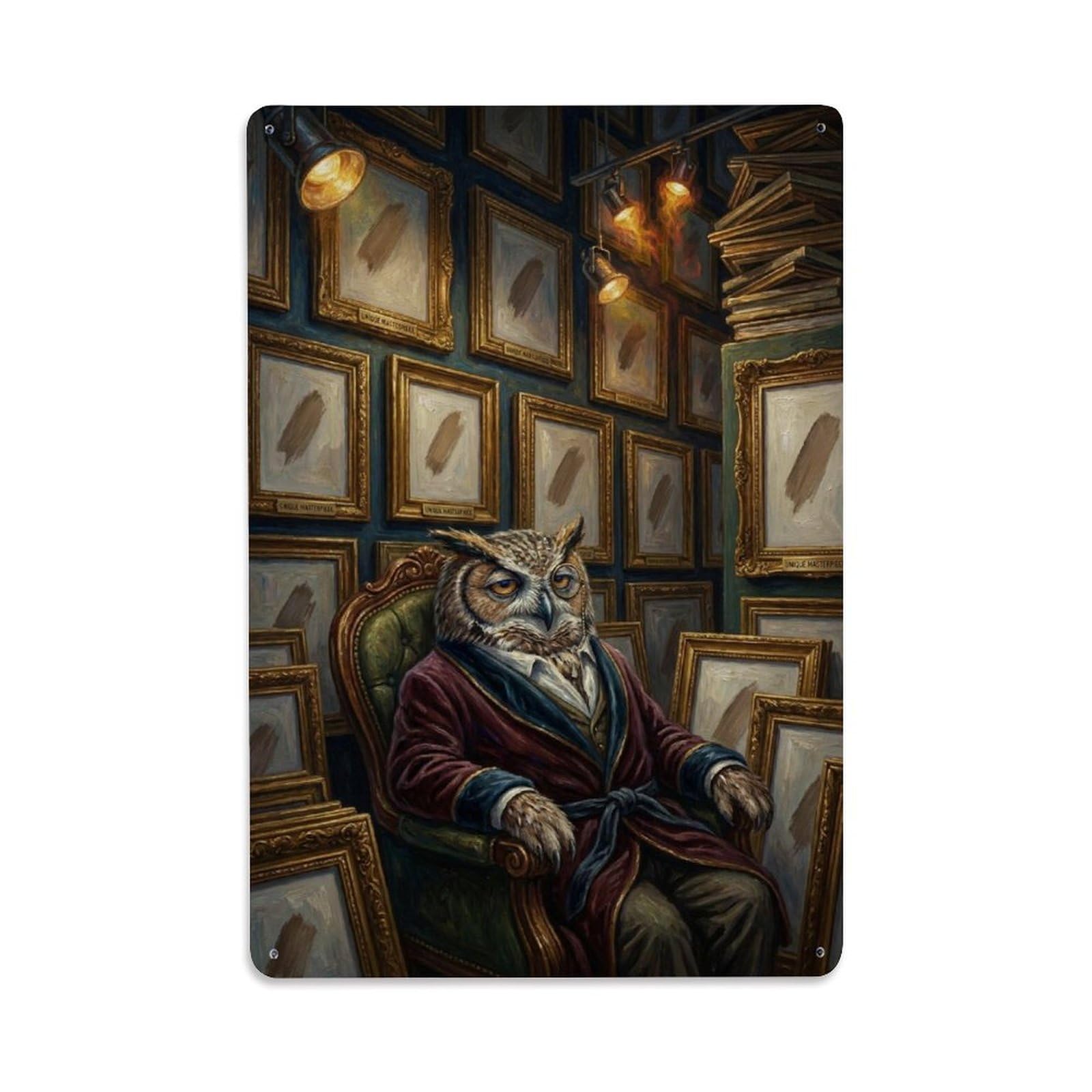 Retro Culture Surreal Vintage Animal Owl Empty Gallery Satire Metal Tin Sign Plaque Wall Decor for Cafe, Man Cave, Club Bar, Office, Home Garden Round Metal Poster 8x12Inch