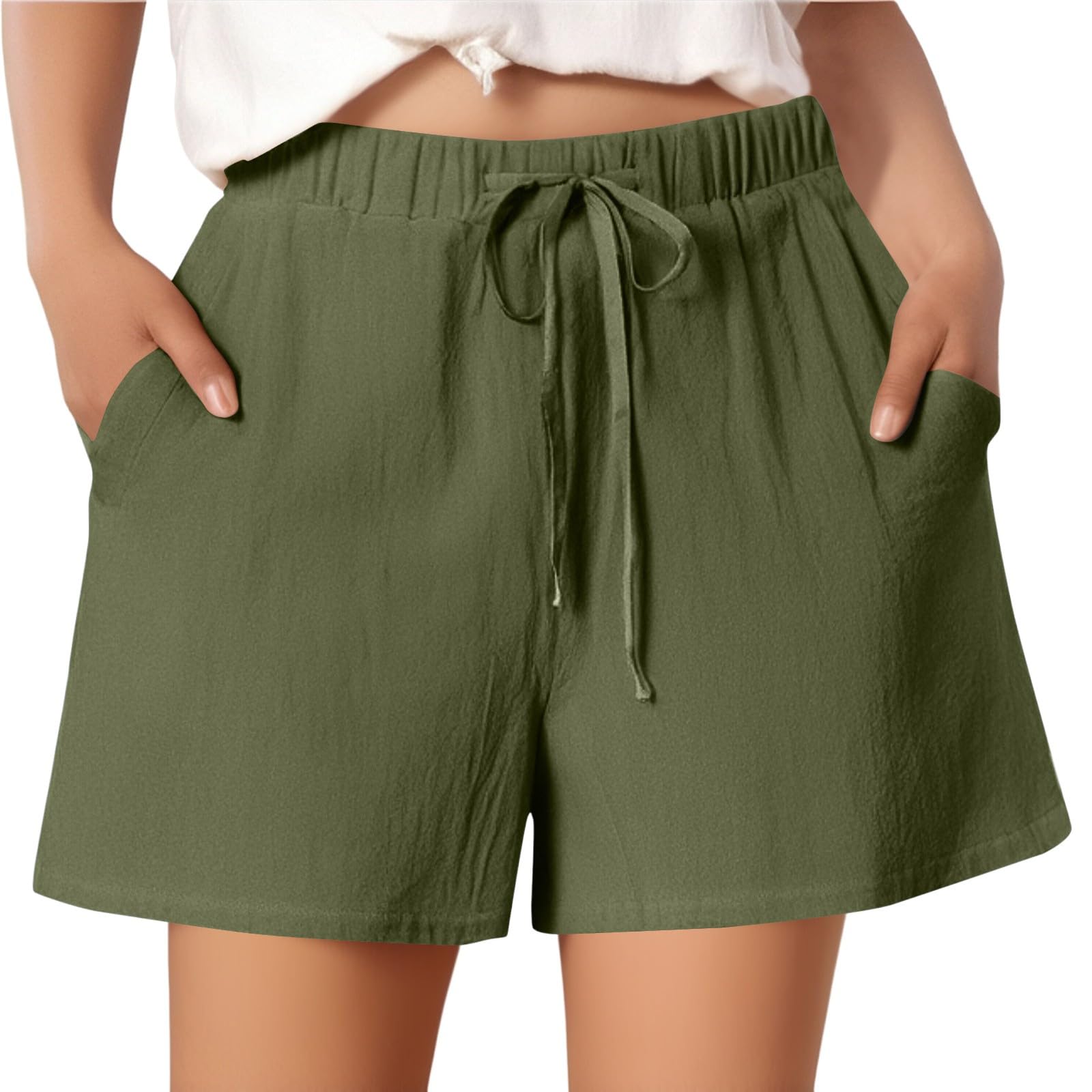Short Femme Court Printemps Été Casual Avec Poches - Lin Respirant Bouffant Taille Empire