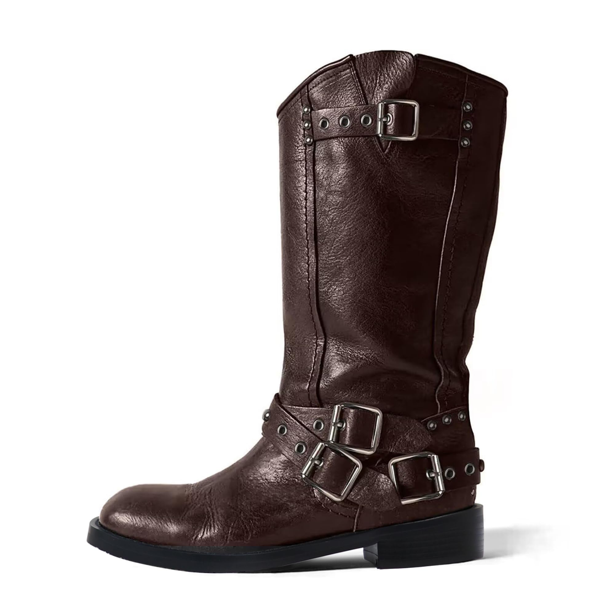 Agodor Women's Mid Calf Boots Chunky Low Heel Riding Buckle Moto Boot for Women，Squared Toe Motorcycle Boots Slip On，Riding Biker Booties