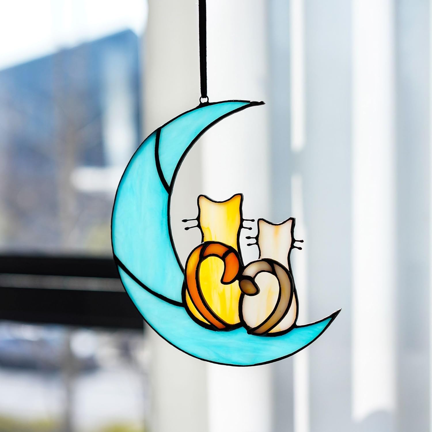 HDCRYSTALGIFTS 6.5'' Valentine’s Day Gift, Cat Lovers Stained Glass Window Hanging Sun Catcher Gifts for Women/Girls, Glass Couple Cat Sitting on Moon Suncatcher for Window, Wall Home Decor - Image 4