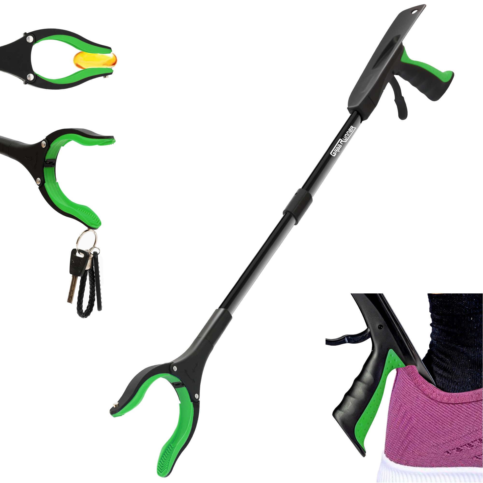 Reacher Grabber Tool for Elderly,32 Inch Foldable Trash Picker Grabber with Shoehorn and Strong Magnetic, 90° Rotating Head Grabber Tool, Outdoor and Indoor Trash Picker Grabber(Green)