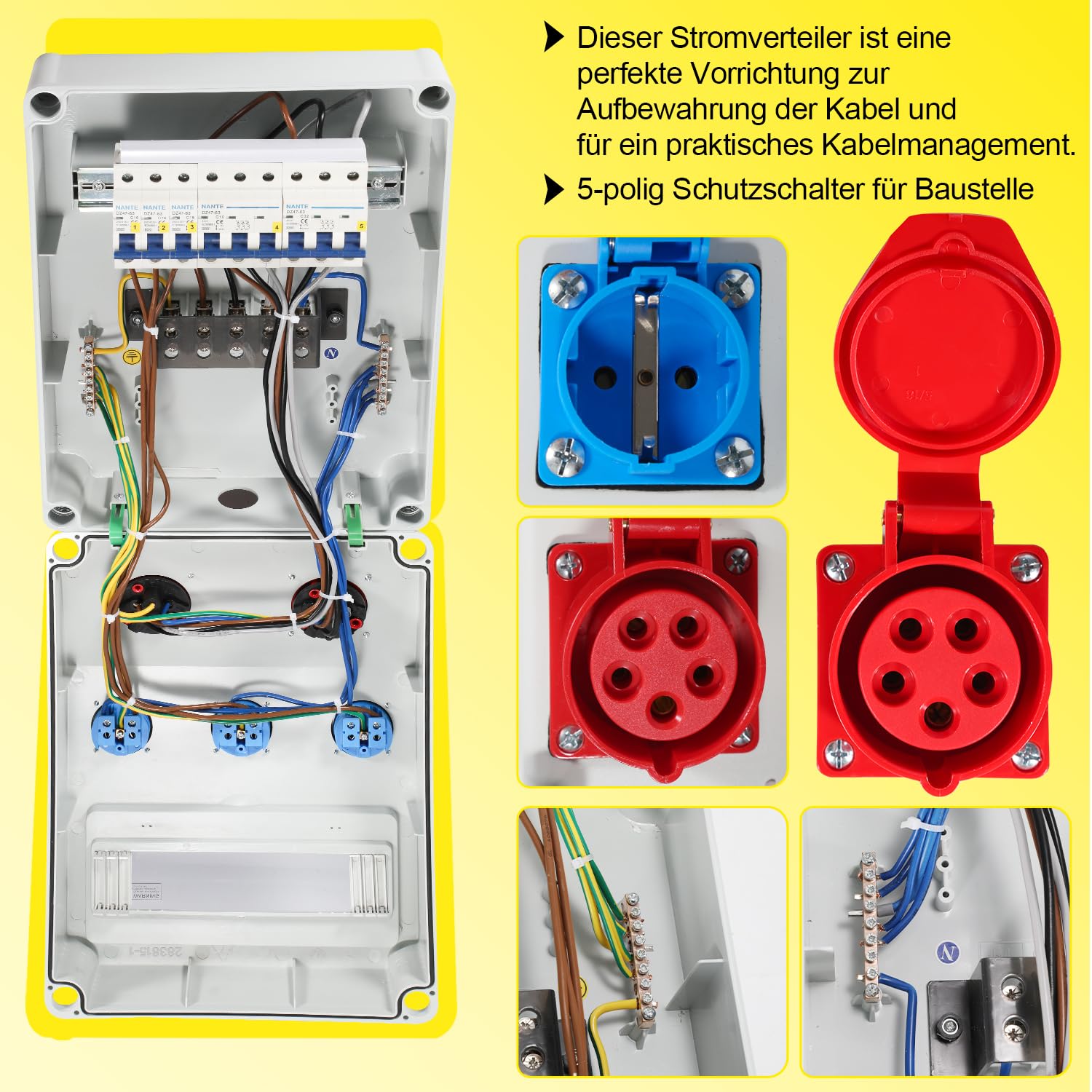 Daromigo Distribuidor de pared con disyuntor de 5 polos con 3 enchufes Schuko y enchufe CEE de 16/32 A, para talleres y fábricas