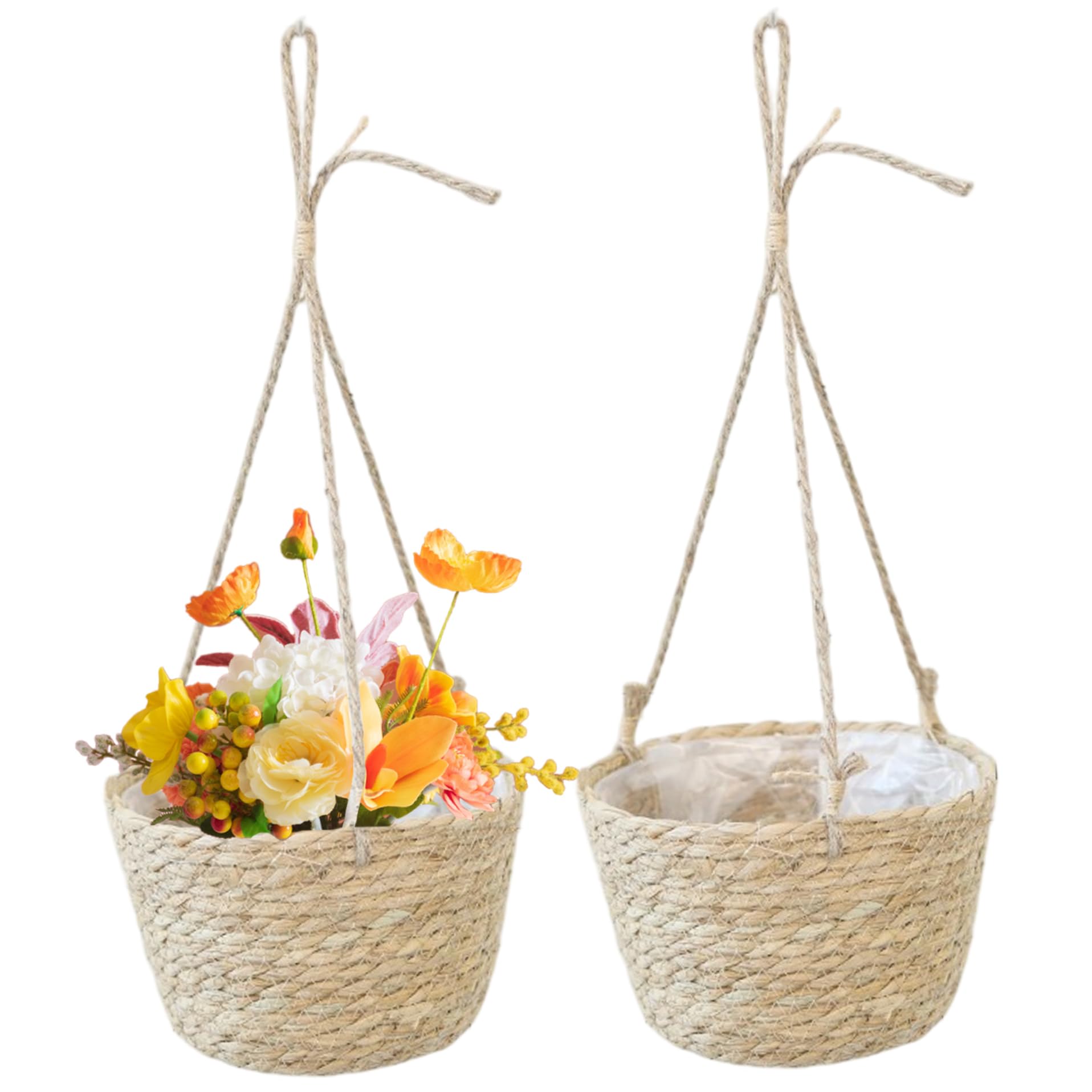 Cestas colgantes de pasto marino natural para macetas de interior y exterior con cuerda, 2 uds