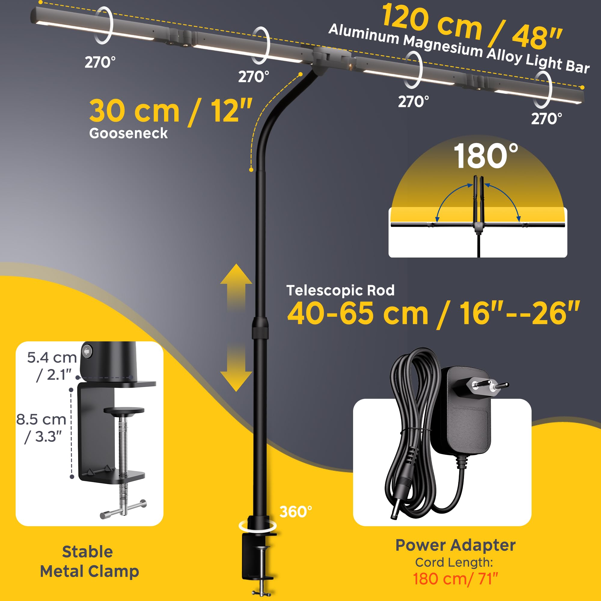 EYOCEAN Schreibtischlampe, 4 Lichtquellen, Teleskopstange mit Einstellbarer Höhe, 24W 100cm Tageslichtlampe Schreibtisch mit Fernbedienung, Dimmbare Monitor Lampe, Schwanenhals Büro Tischlampe