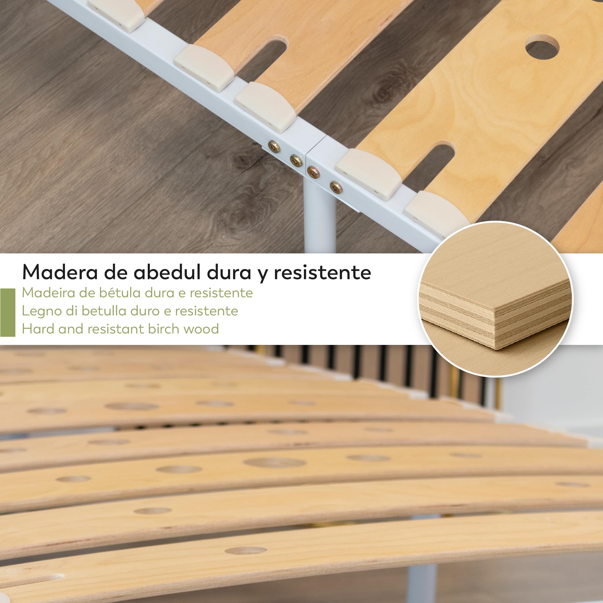 Somier Austen IF17 100x200 cm con Lamas de Madera de Abedul Amortiguadas, Estructura Metálica Blanca, Altura de 23cm con Espacio de Almacenaje Inferior