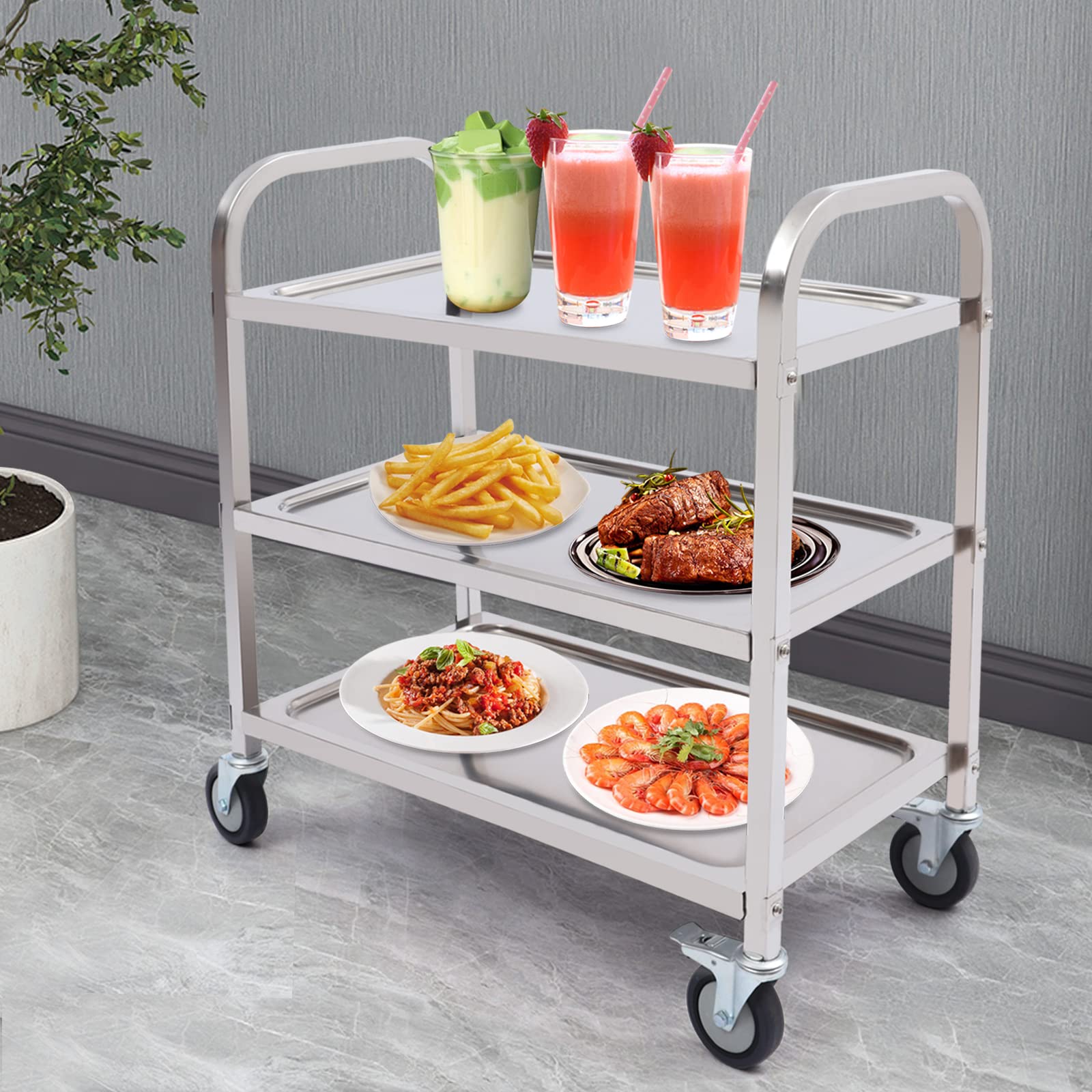 Carro de servicio con ruedas de acero inoxidable, 3 niveles, capacidad de carga de 25 kg, estantería con frenos, ahorra espacio, 33 x 45 x 90 cm, acero inoxidable pulido 201, para cocina