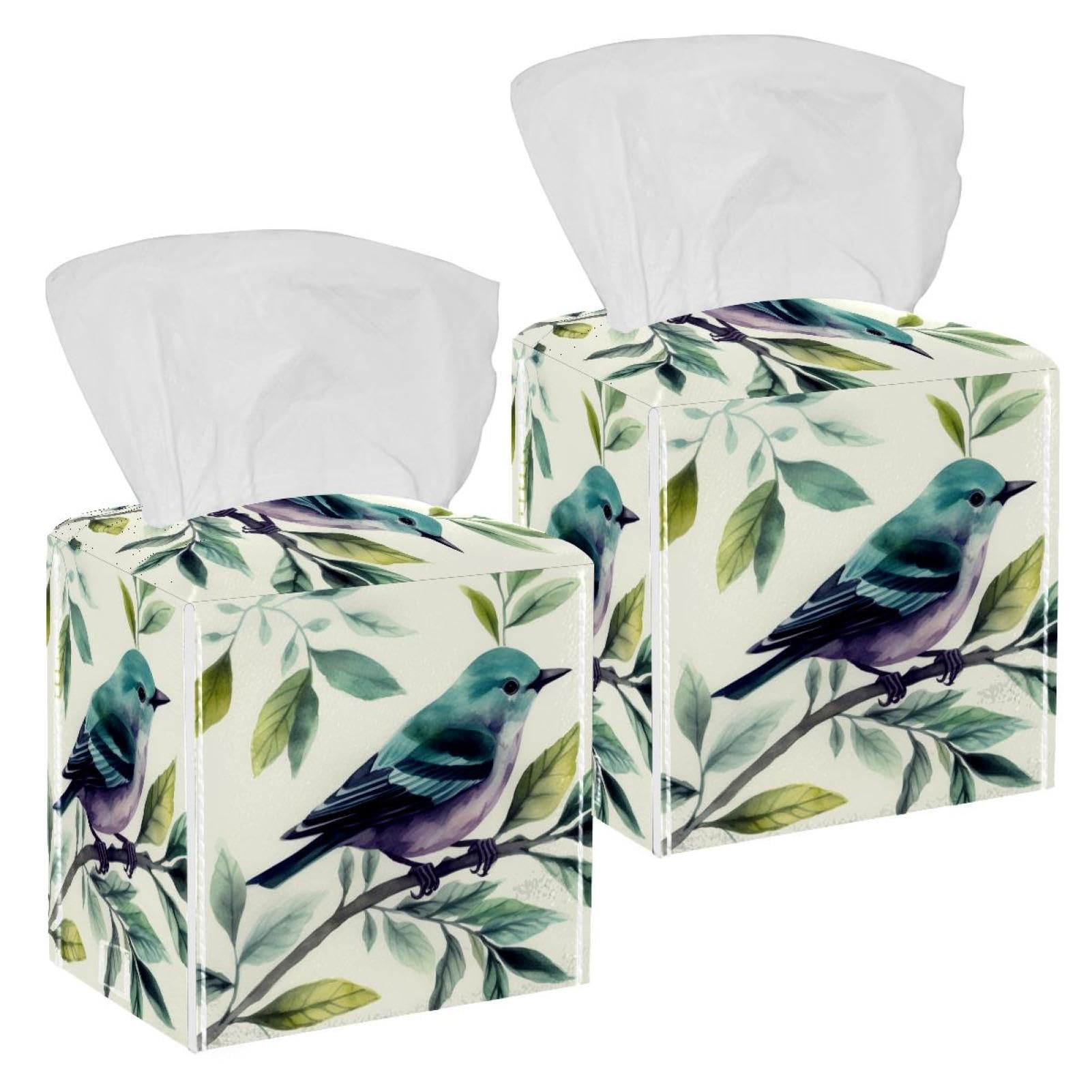 Watercolor Bird Tissue Box Cover, 2 Pack PU Leather Square Facial Tissue Dispenser Box holder for Home Office Car
