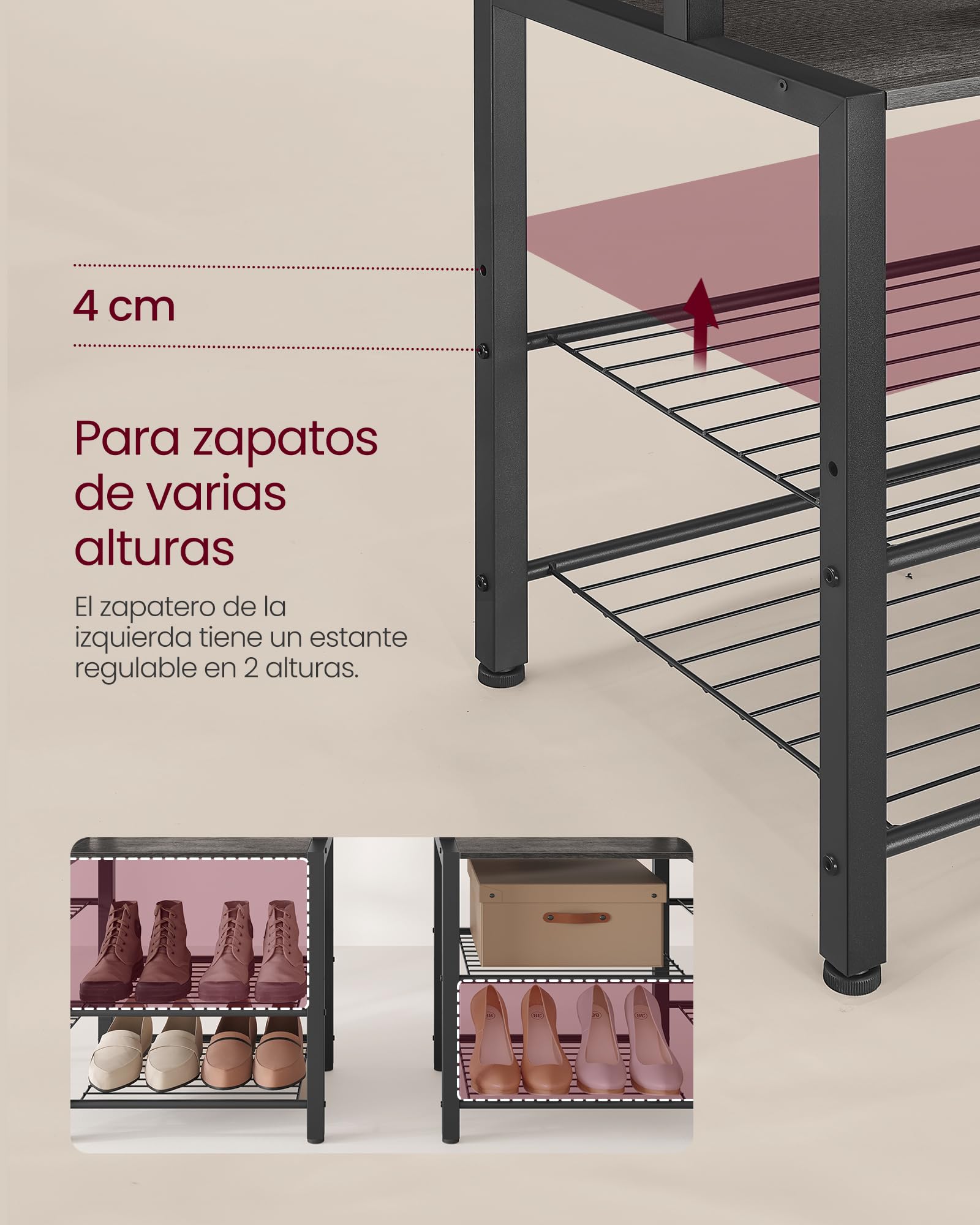 VASAGLE Perchero Recibidor con Banco Zapatero y 5 Estantes de Almacenaje, 9 Ganchos para Ropa y 6 Ganchos Laterales, 40 x 120 x 190 cm, Gris Piedra y Negro Tinta HSR426B04