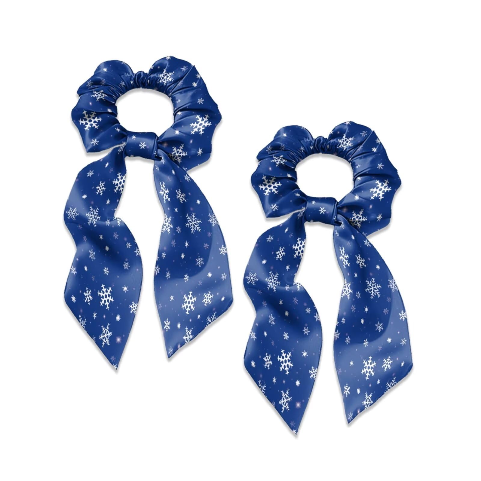 Hwzdsyxl Christmas Snowflake Blue Print 2 Pack Bow Hair Scrunchies Aesthetic Hair Ribbon Scrunchy with Elastic Bands Satin Silk Bow Hair Ties Hair