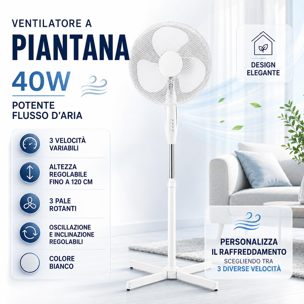 V-TAC Ventilatore a Piantana 40W - Potente Flusso d'Aria - Design Elegante - 3 Velocità - Altezza Regolabile (Max 120cm) - 3 Pale Rotanti - Oscillazione e Inclinazione Regolabili - Bianco