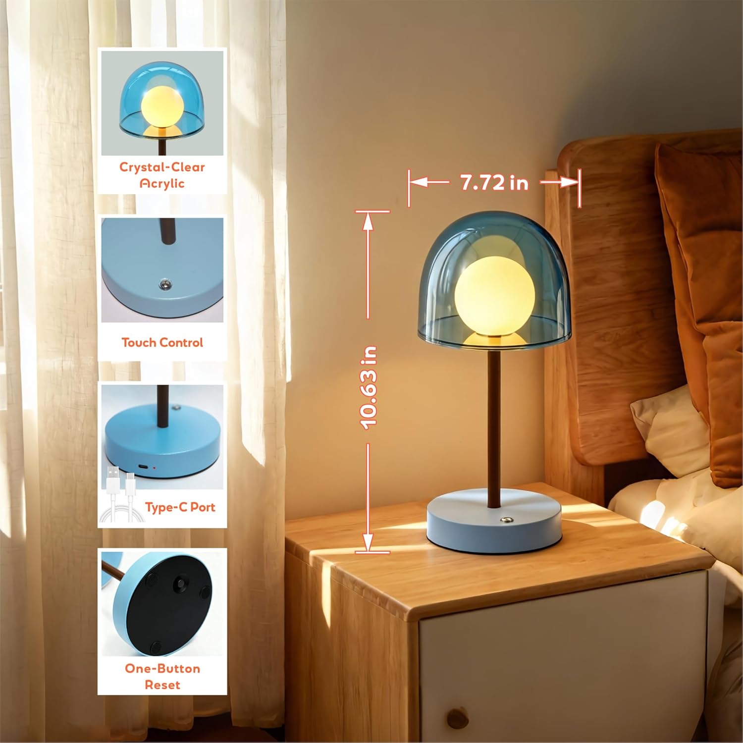 Small Lamp Battery Operated, Bathroom Shower Lamp IP44, Cordless Blue Light Desk Dimmable, Rechargeable Lamp Mushroom, Boy Cool Desk Lamp for Nightstand Nursery, 7.7" W x 10.6" H (Sky Blue)