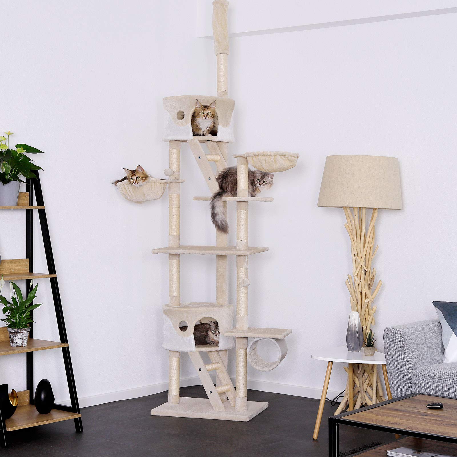 lionto XXL Árbol Rascador Escalador para Gatos Altura Ajustable del Techor 230-250 cm, Beige/Blanco