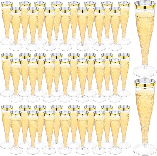 100 Boîte de flûtes de champagne en plastique4.5 oz Verres de Champagne transparents à la jante d'or, coupes de champagne jetables pour mariage Fête de douche nuptiale, fournitures de bar Mimosa