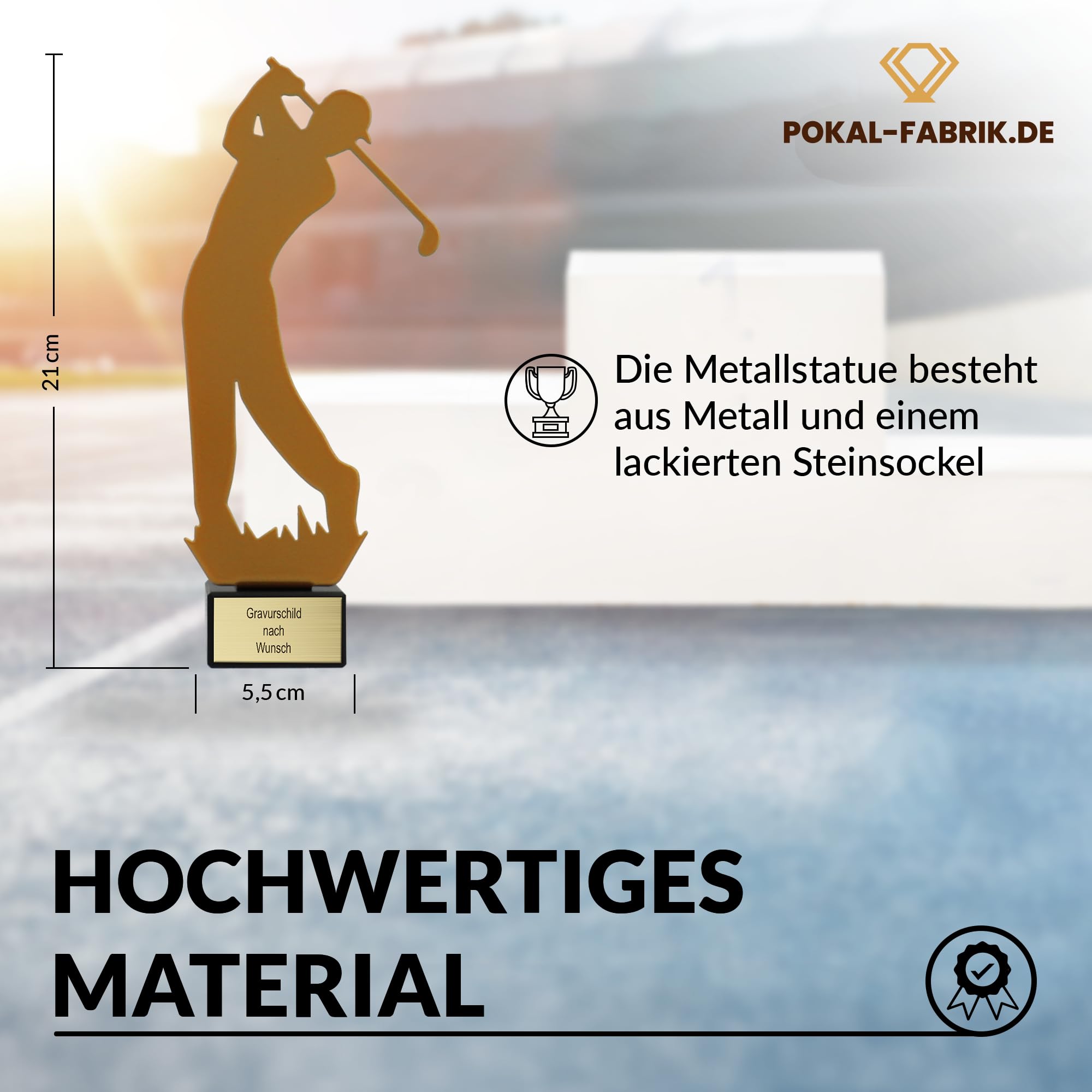 Pokal-Fabrik - Goldener Golf Pokal 21 cm aus Metall mit Gravur - Geschenk-Trophäe mit Golfer-Silhouette & Steinsockel - Personalisiertes Geschenk - Wanderpokal Golfen Zubehör