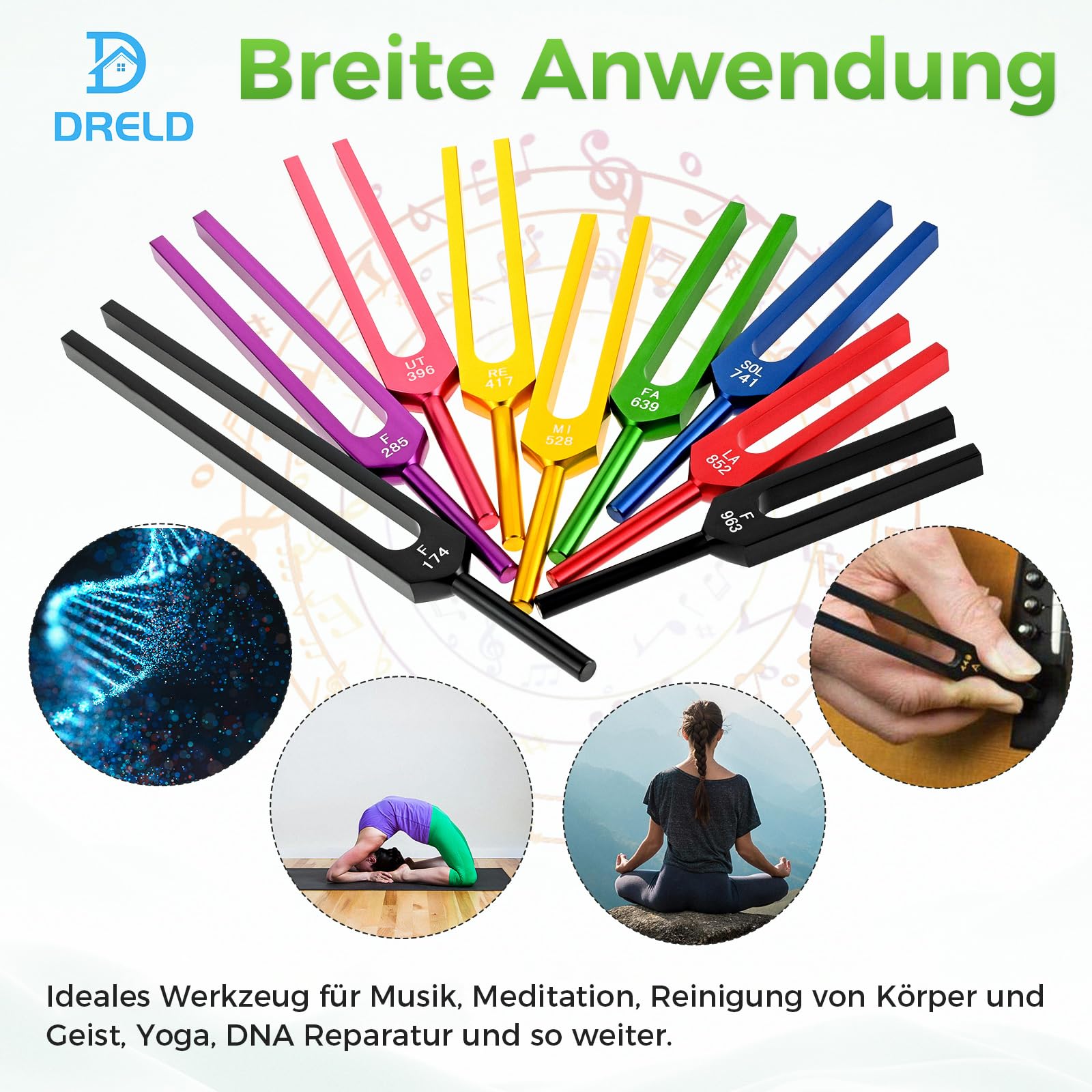 DRELD Buntes Solfeggio Stimmgabel Set mit Holzständer＋Hammer＋9 Stimmgabeln＋Tuch aus Aluminium für Heilmeditation Yoga Entspannung (174HZ, 285HZ, 396HZ, 417HZ, 528HZ, 639HZ, 741HZ, 852HZ, 963HZ)