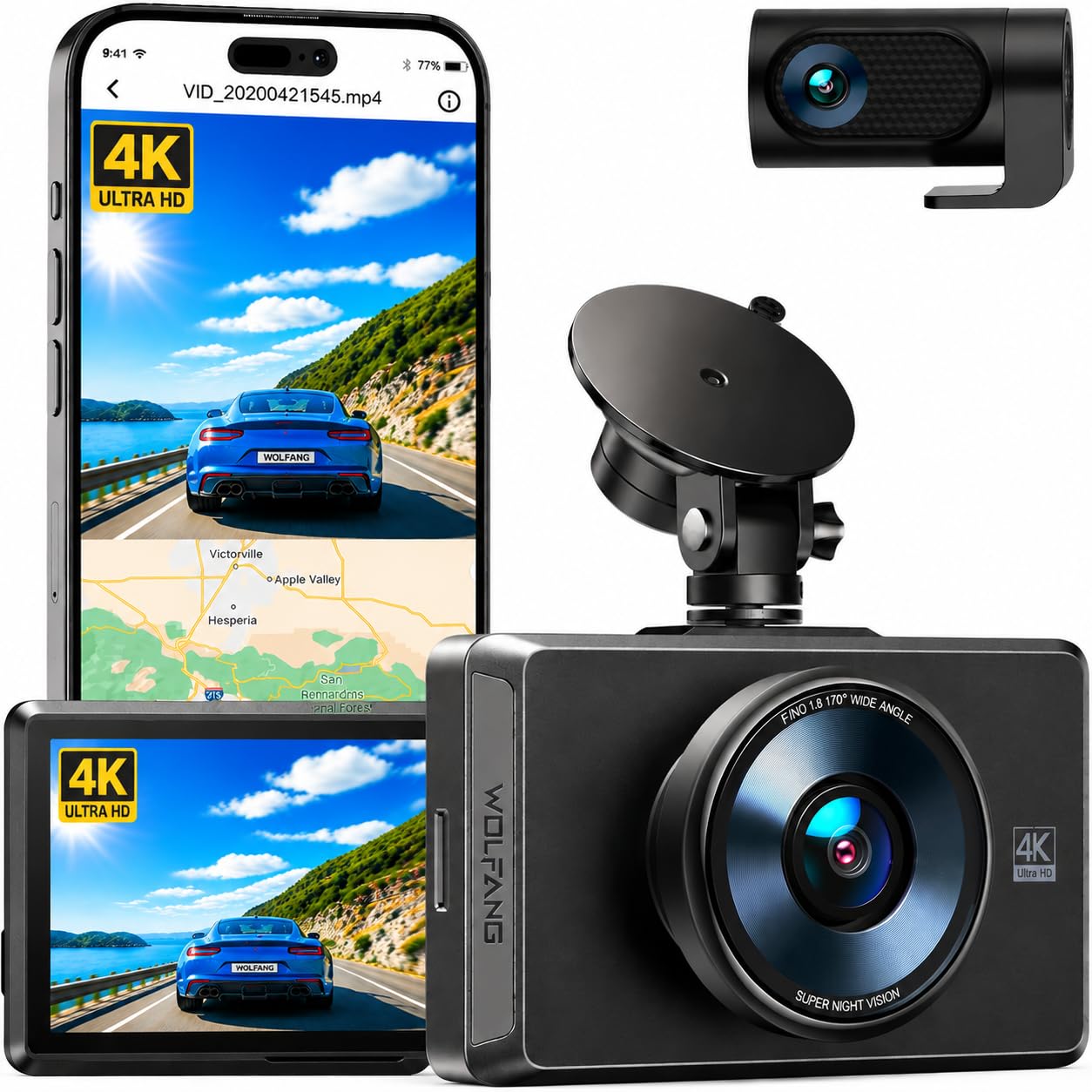 WOLFANG Samochodowa kamera na deskę rozdzielczą z przodu, 4K / 1080p, podwójna kamera na deskę rozdzielczą, GPS WiFi, ekran IPS 3", widoczność w nocy, szeroki kąt nagrywania 170°, WDR, obsługuje maks.