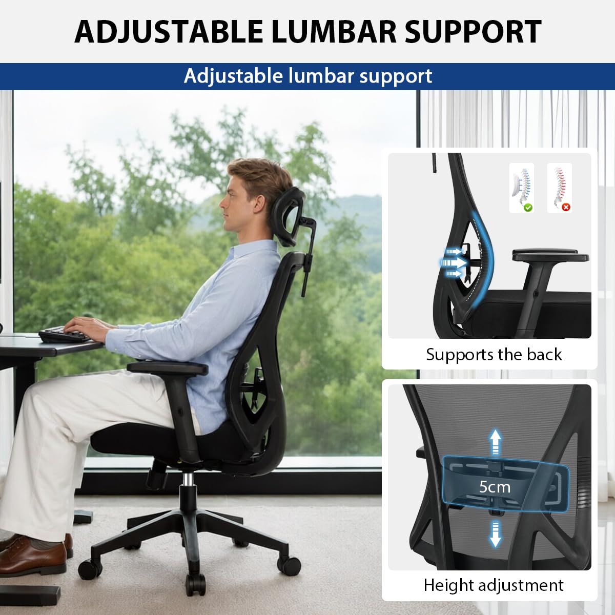 Durrafy Chaise de Bureau Ergonomique, Appui-Tête & Support Lombaire Réglables, Accoudoirs Rabattables, Maille Respirante, 130° Inclinaison（Ne Peut Pas être verrouillé）, 150kg Charge. (Noir)