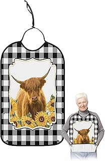 BOBOWUNY Farm Cow Adult Bibs for Elder Women Men Eating, Black and White Plaid Farmhouse Spring Floral Sunflower Waterproof & Washable Bibs for Eating Clothing Protector Dining Bibs for Crumb Catcher