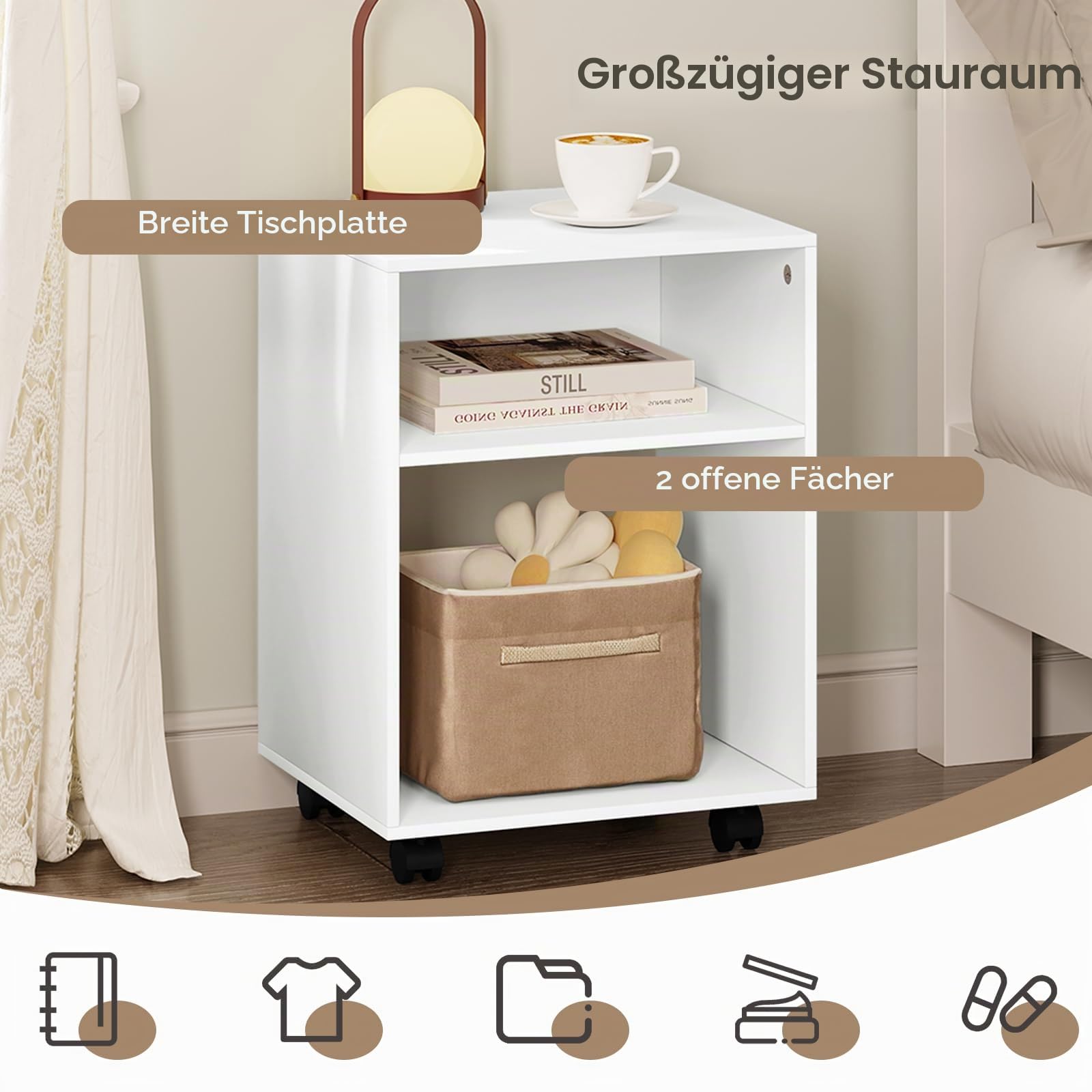EUGAD Nachttisch 2er Set auf Rollen Weiß 2 Fächer B40 cm