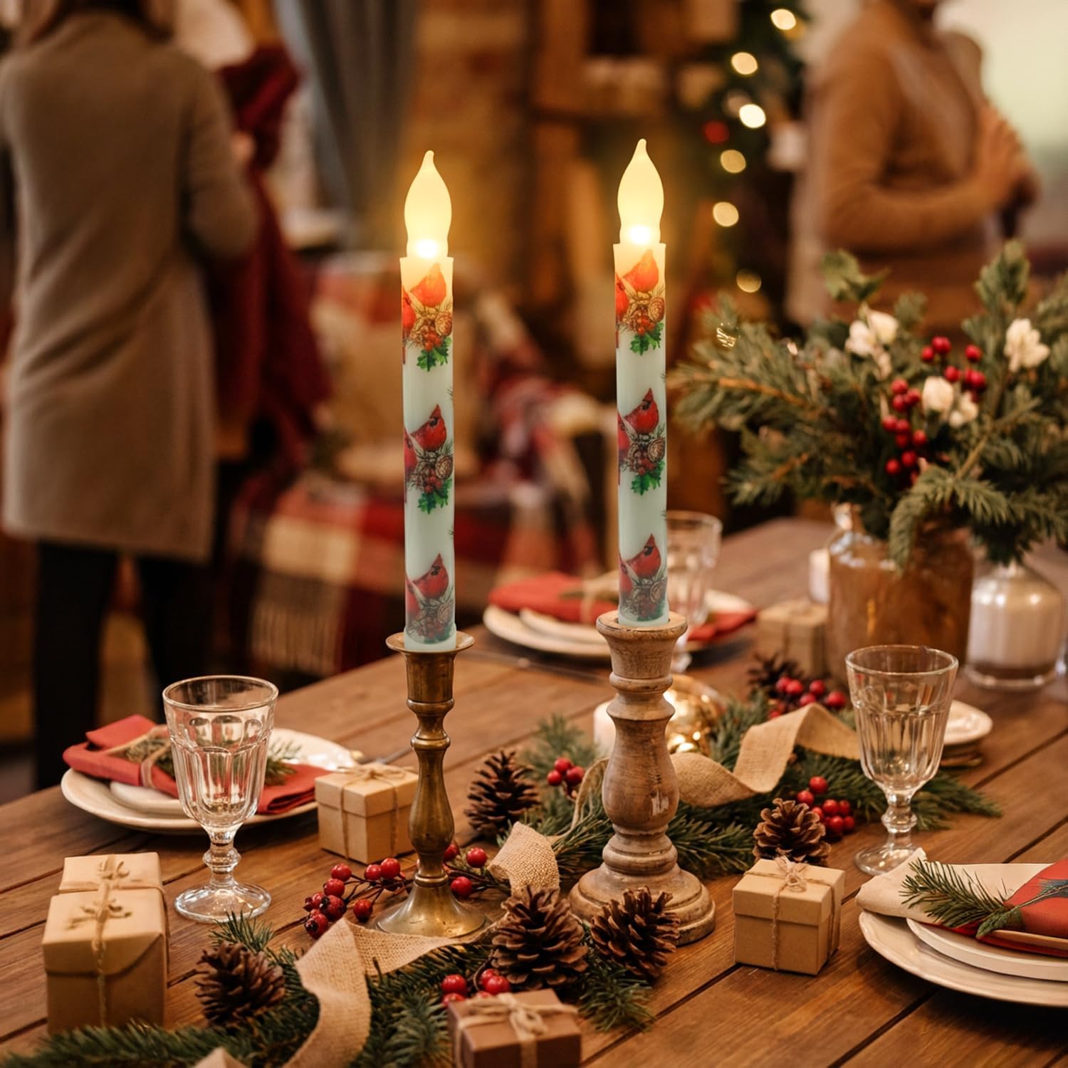 2PCS Cardinal Flameless Taper Candles with Red Birds & Pine Branches Battery Operated Warm White Flickering for Christmas Table Home Decor Memorial Gifts
