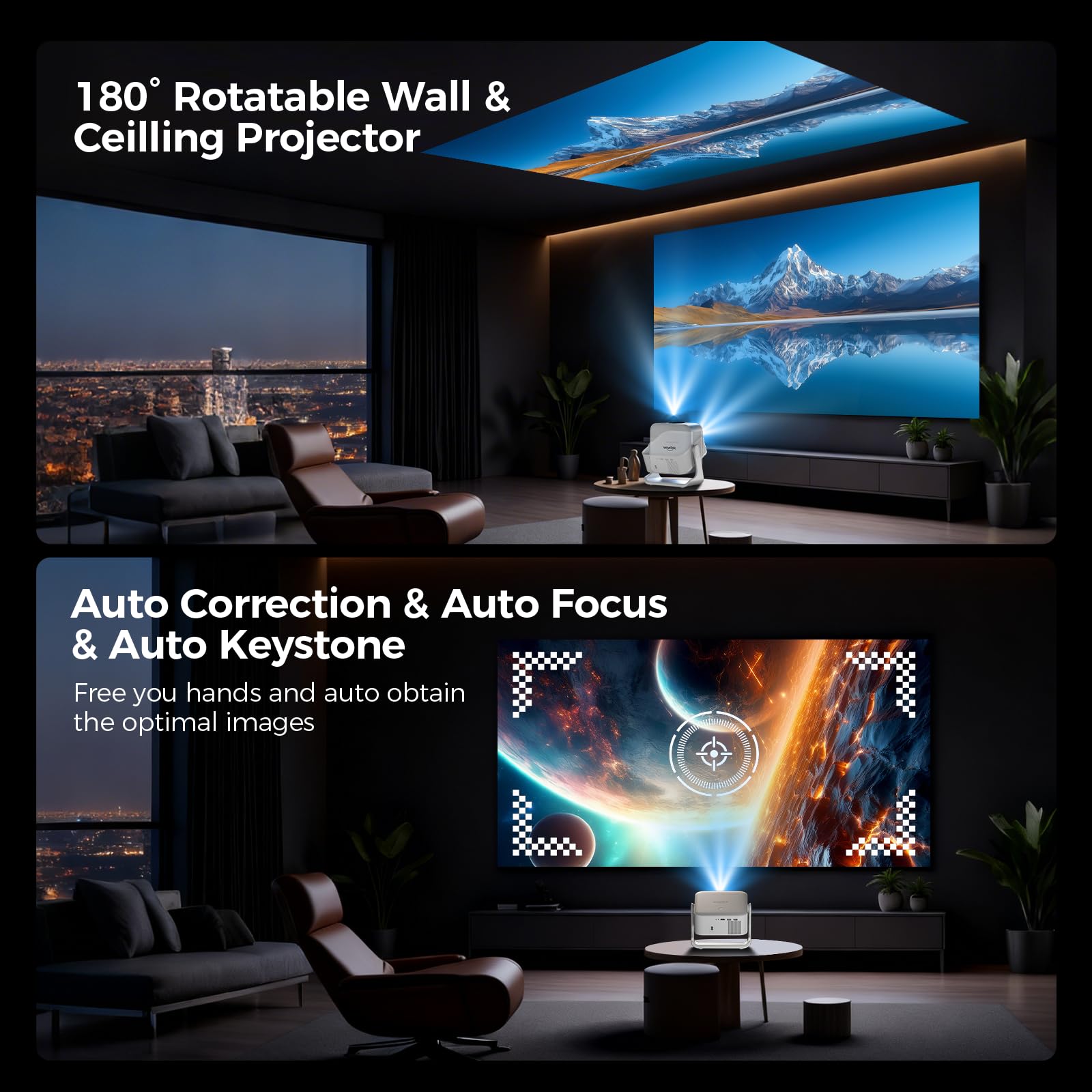 [Smart TV OS & HDR10+ & 3D Sound] 4K Vidéoprojecteur avec WiFi 6 et Bluetooth 5.4, Built-in Smart OS & Apps & Dual Speakers, 1080P Native Auto Focus & Keystone, Home Movie Projecteur - Blanc