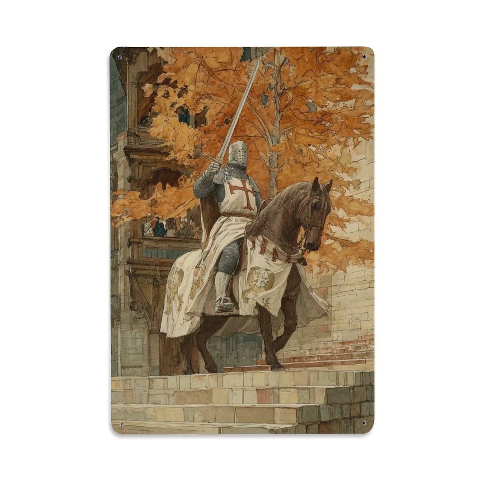 Sacred Christian Crusader Armor Medieval Knight Aesthetic Metal Tin Sign Plaque Wall Decor for Cafe, Man Cave, Club Bar, Office, Home Garden Round Metal Poster 8x12Inch