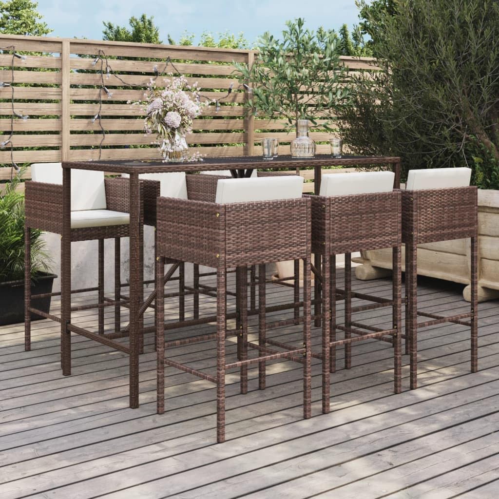 vidaXL Mesa y taburetes Altos jardín 7 pzas y Cojines ratán PE marrón