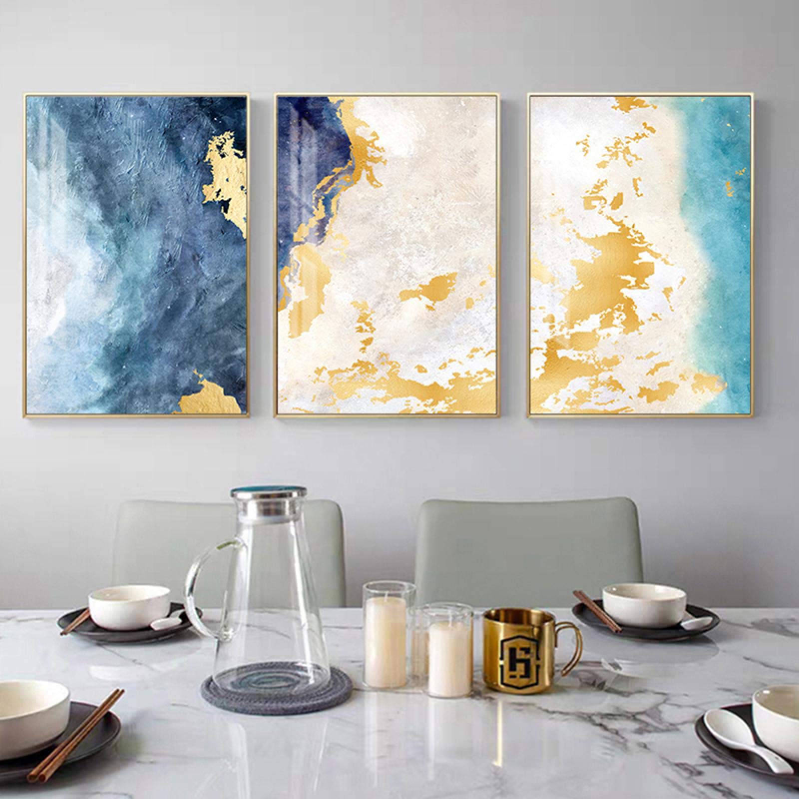 Peinture sur toile abstraite or et bleu marine | Impression premium 3 pièces