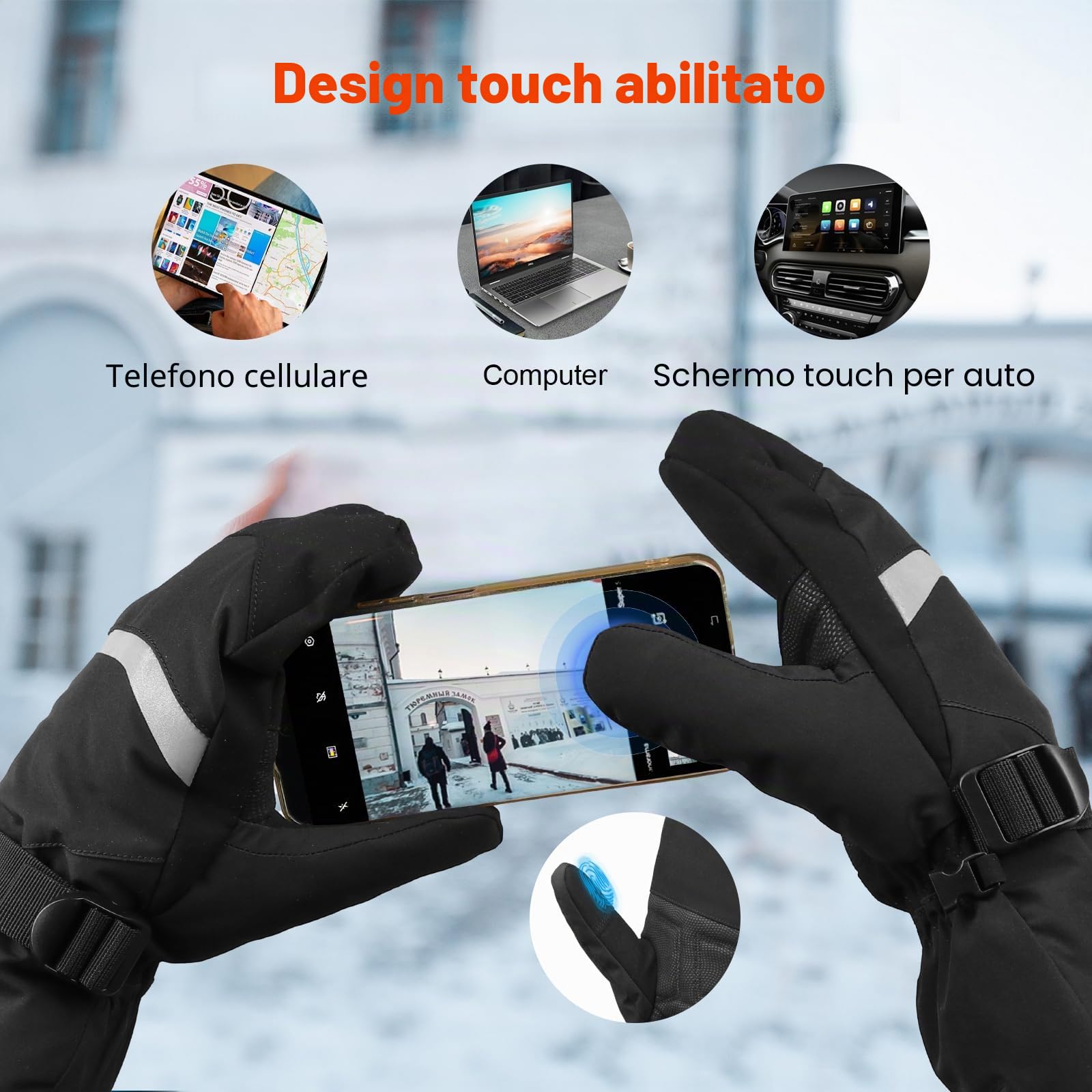 Guanti Riscaldati per Uomo e Donne, Touch Screen, 3 Temperature, Impermeabili, Antiscivolo, 7.4V 4000 mAh Guanti Riscaldanti Touchscreen Ricaricabili per Ciclismo Motociclismo Escursionismo