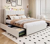 Vista 1 de Marco de cama completa con 4 cajones y cabecera de almacenamiento, marco de cama de plataforma tapizada tamaño completo con luces LED y práctica
