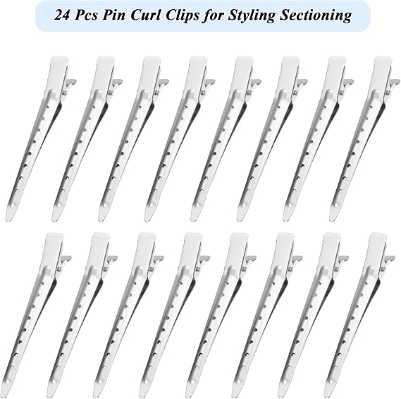 Gingbiss 24 Pcs Pin Curl Clips, 3.5 Inch Duck Billed Hair Clips for Styling Sectioning, Metal Hairdressing for Women, Alligator Clips for Roller, Salon, Bows DIY, Silver
